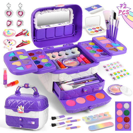 72 PCS Kids Makeup Kit for Girl Toys, Real Washable Makeup Set for Little Girls, Princess Toys Birthday Gift for 3-12 Year Old Girls