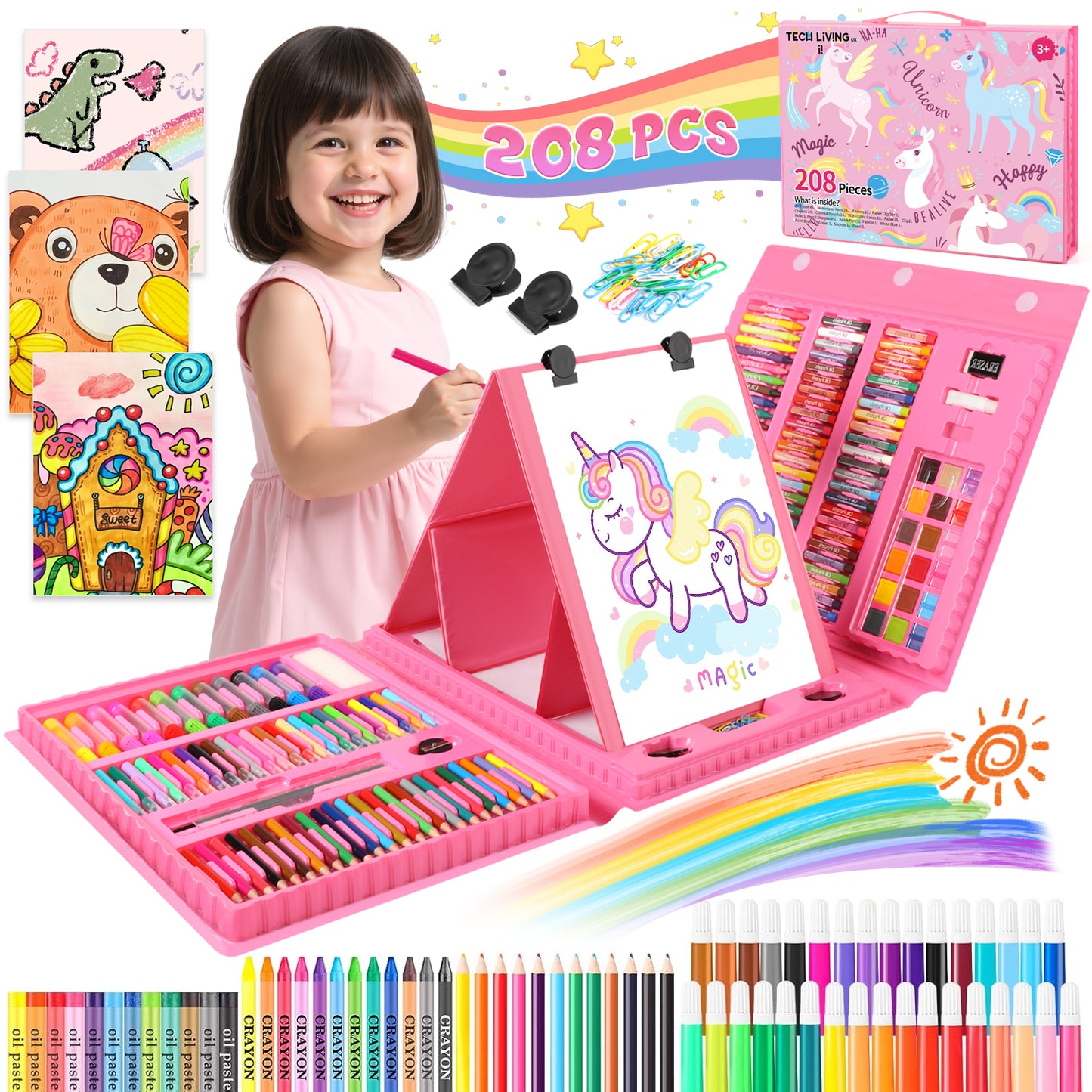 Unicorn Art Supplies for Girls, 208PCS Markers Set with Storage Case, Christmas Birthday Gift for Kids Aged 4-12 Years Old