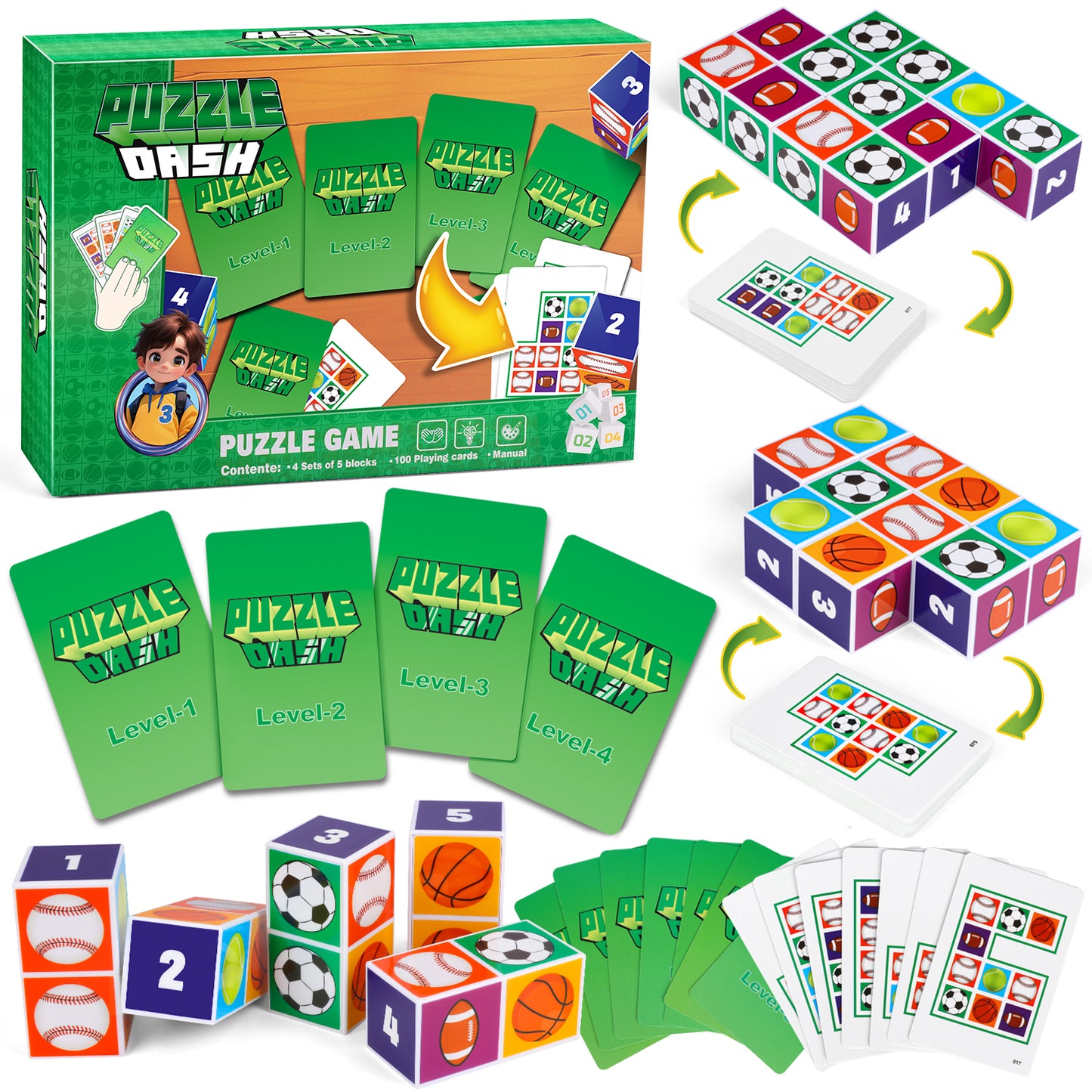 Family Board Game Children & Adults - 2 to 4 Players, Sports Block & Color Puzzle Games, 4 Difficulty Levels, Birthday Party Game Gift for Children & Adults Ages 4+