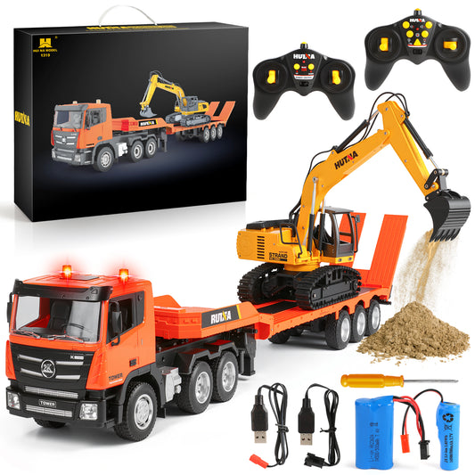 33Inch 2 in 1 RC Excavator & Flatbed Truck Toys, 1:18 Engineering Remote Control Flatbed Truck with Light and Sound, Birthday Gift for Kids Boys 4-8 Years