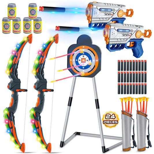 Huge Wave 2 Pack Bow and Arrow Sets for Boys Aged 6-12, Kids Light Up Archery Set Toys with 24 Suction Cup Arrows, Indoor Outdoor Standing Target Toys for Birthday Gift