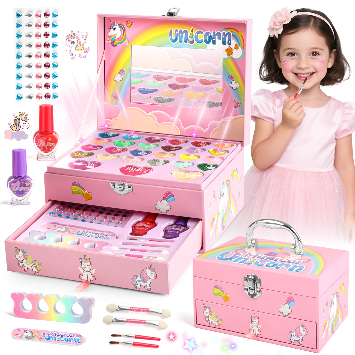 Makeup Kit for Girls Ages 4-9, 36 in 1 Unicorn Real Washable Pretend Play Makeup Kit, Birthday Gifts for Little Girls