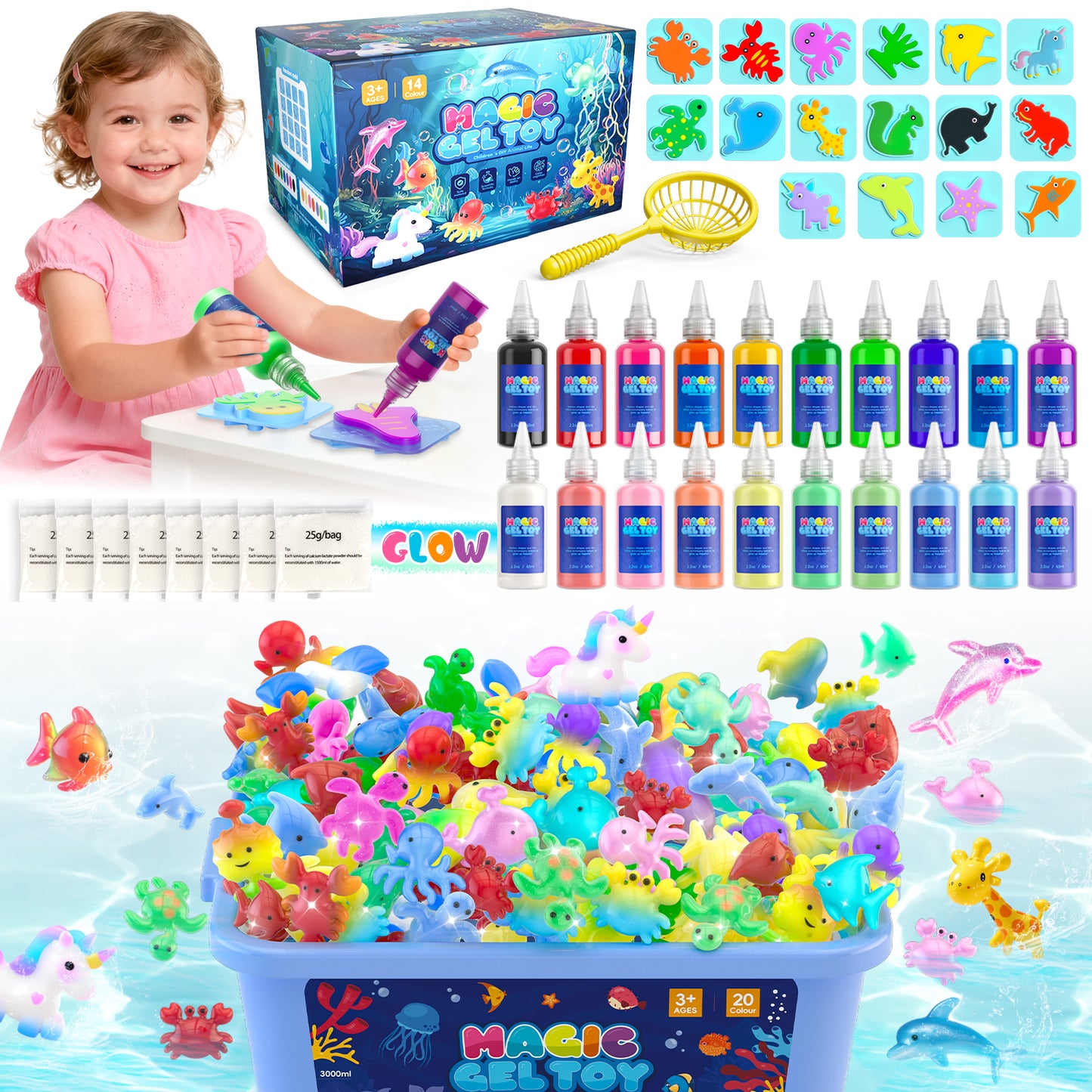 20 Colors Magic Fairy Water Gel Toy Kit for Kids, Creative Water Gel Kit with 20 Magic Gels & 8 Molds, STEM Birthday Gift for Girls Ages 3-8
