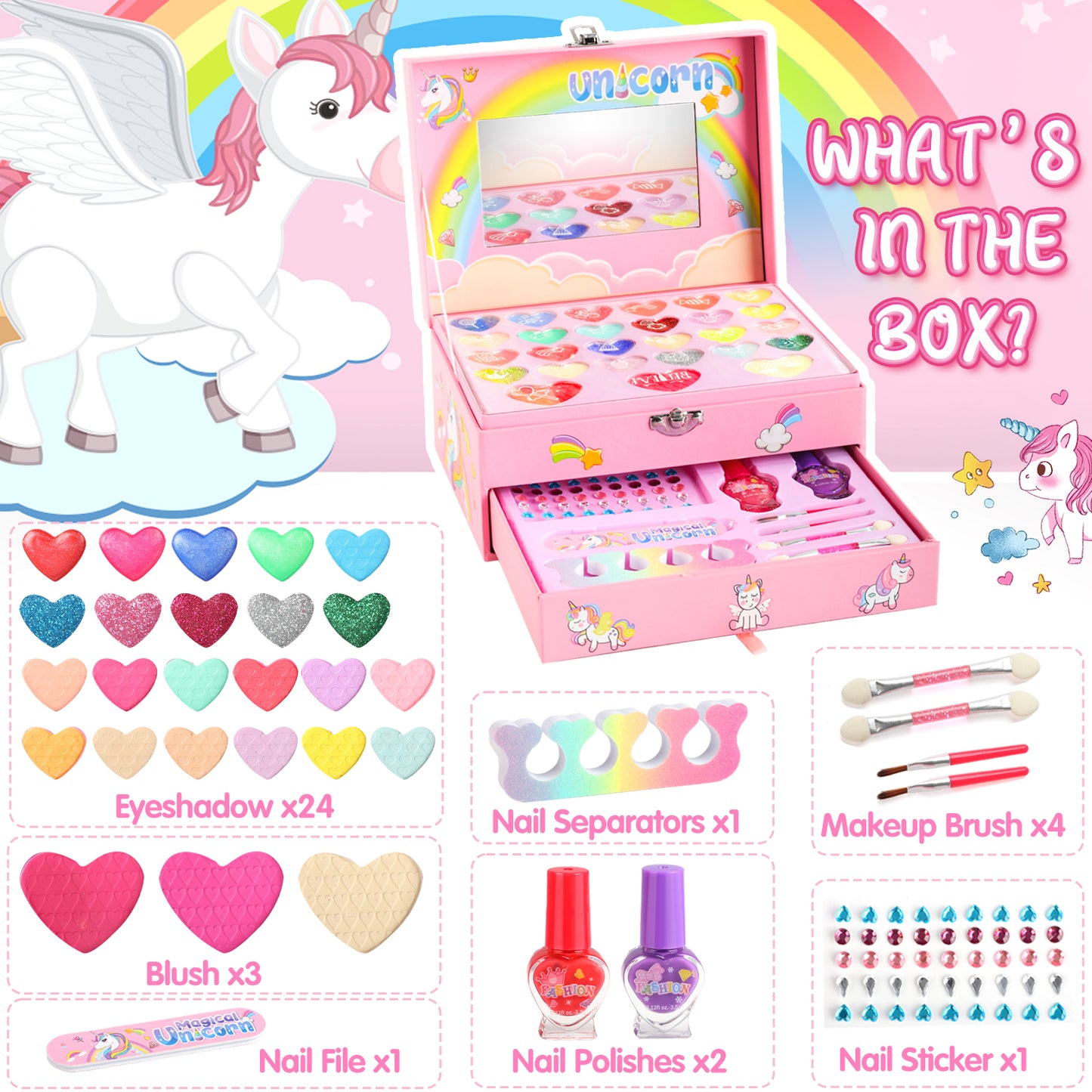 Makeup Kit for Girls Ages 4-9, 36 in 1 Unicorn Real Washable Pretend Play Makeup Kit, Birthday Gifts for Little Girls