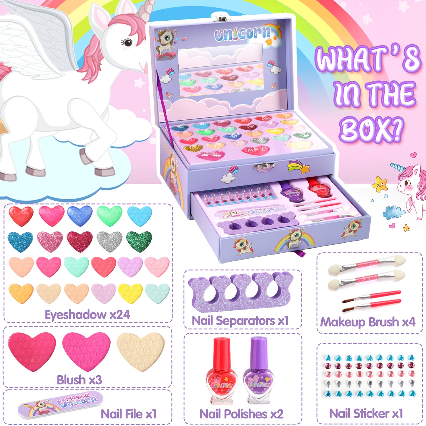 Kids Makeup Kit for Girls, 36 in 1 Unicorn Makeup Kit, Real Washable Pretend Play Birthday Gifts for Girls 3-6 Years Old