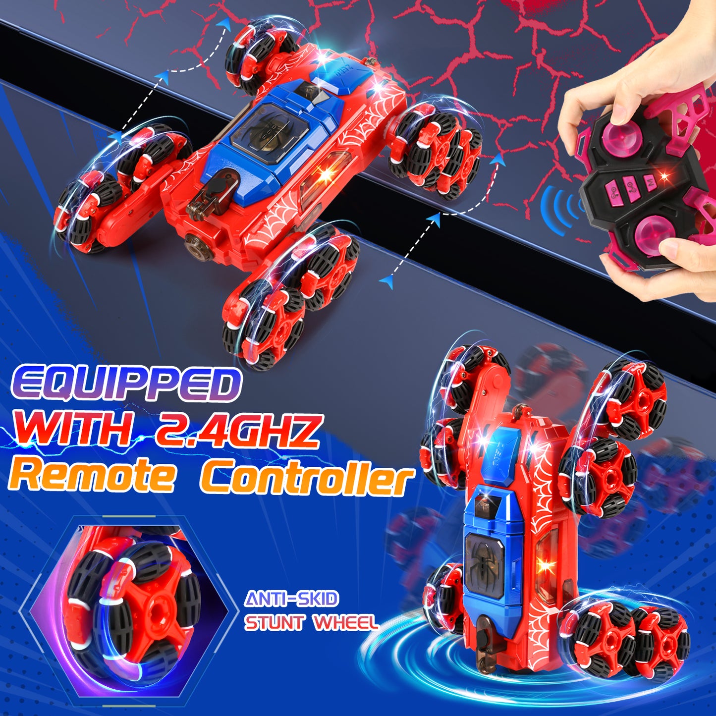 Huge Wave Remote Stunt Control Cars, 8WD RC Off-Road Car, Transformation Double-side Driving, with Gesture Control, Lights & Music and Spray, Gift for Kids Age 8-12