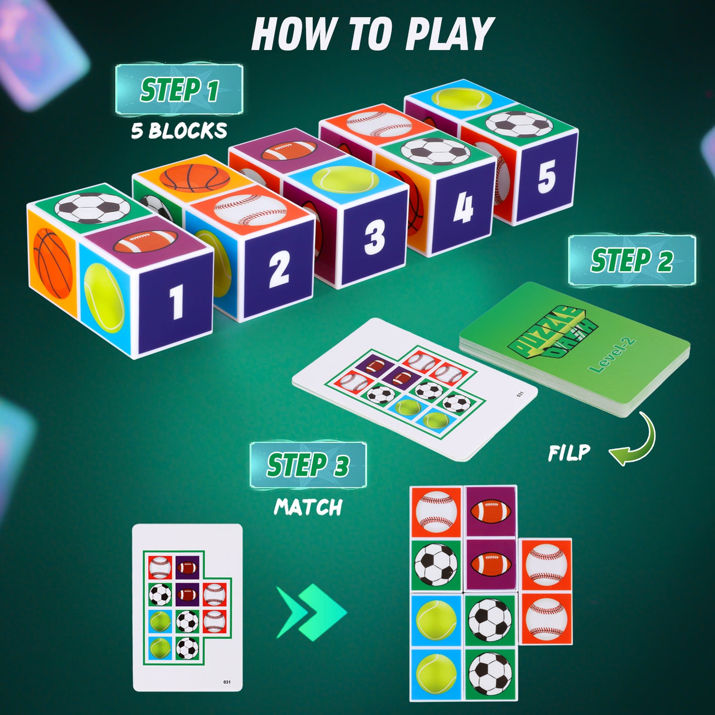 Family Board Game Children & Adults - 2 to 4 Players, Sports Block & Color Puzzle Games, 4 Difficulty Levels, Birthday Party Game Gift for Children & Adults Ages 4+