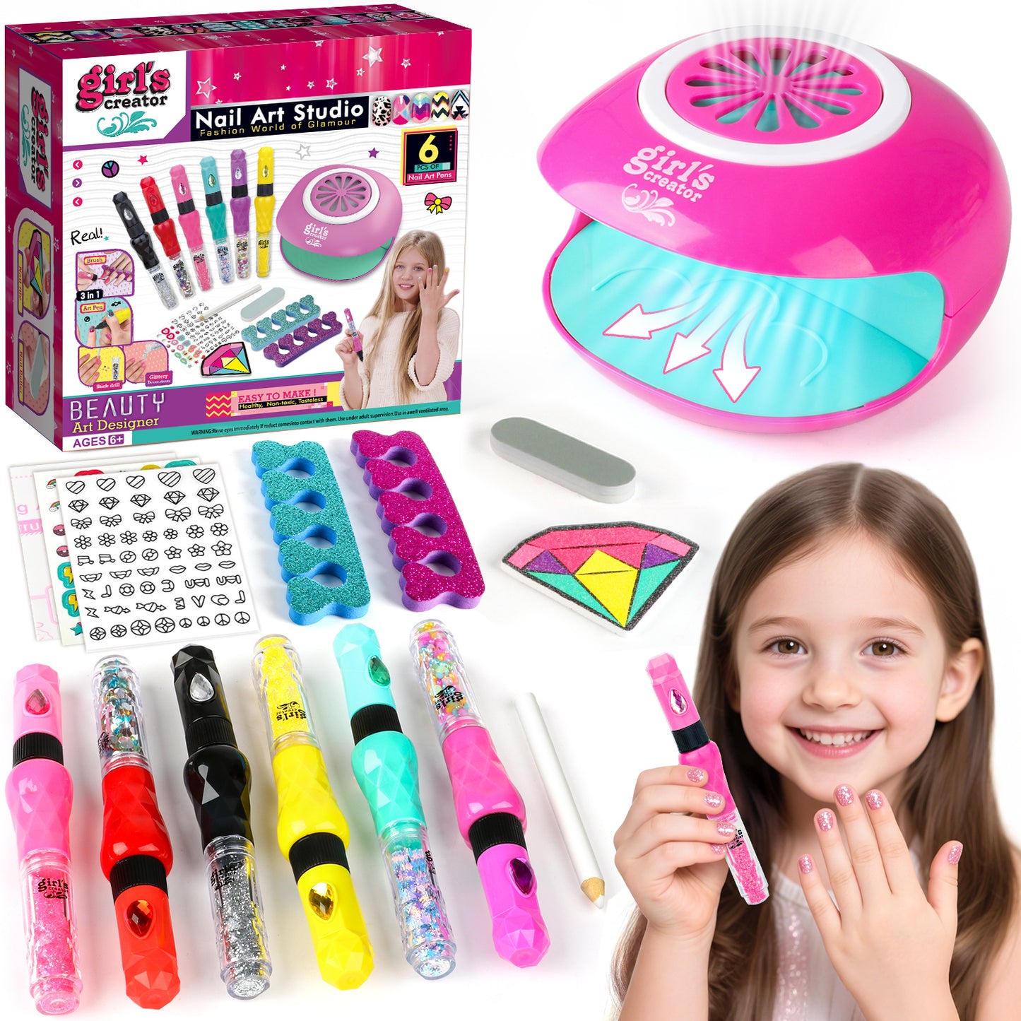 Kids Nail Polish Kit for Girls, Upgrade 3-in-1 Nail Pen with Dryer, Manicure Sets Ideas Birthday Gift for Teenage Girls Ages 6-12 Years Old