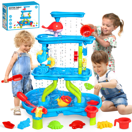 Huge Wave Sand Water Table for Toddlers, 4-Tier Showers Splash Pond Sensory Play Table, Beach Summer Outdoor Backyard Toys for Toddlers 1-3