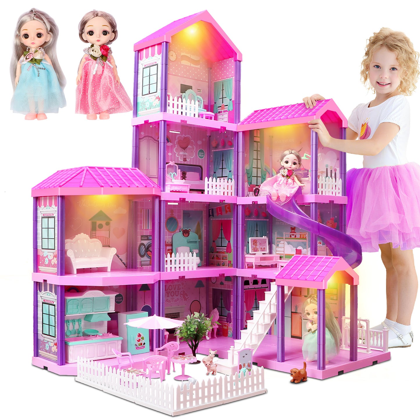 Dollhouse Playset Girl Toys, 36 inch 11 Large Rooms with Doll Toy Figures, with Warm Light, Princess Doll House Birthday Gift for Girls Ages 3-8