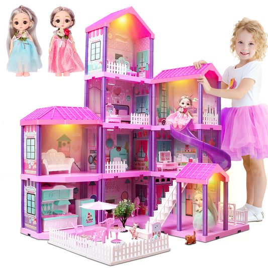 Dollhouse Playset Girl Toys, 36 inch 11 Large Rooms with Doll Toy Figures, with Warm Light, Princess Doll House Birthday Gift for Girls Ages 3-8