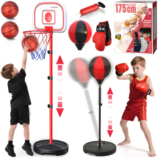 2 in 1 Kids Basketball Hoop and Punching Bag, Toddler Basketball Hoop Indoor Outdoor with Boxing Gloves, Sports Toys Christmas Gifts for Boys Ages 5-10
