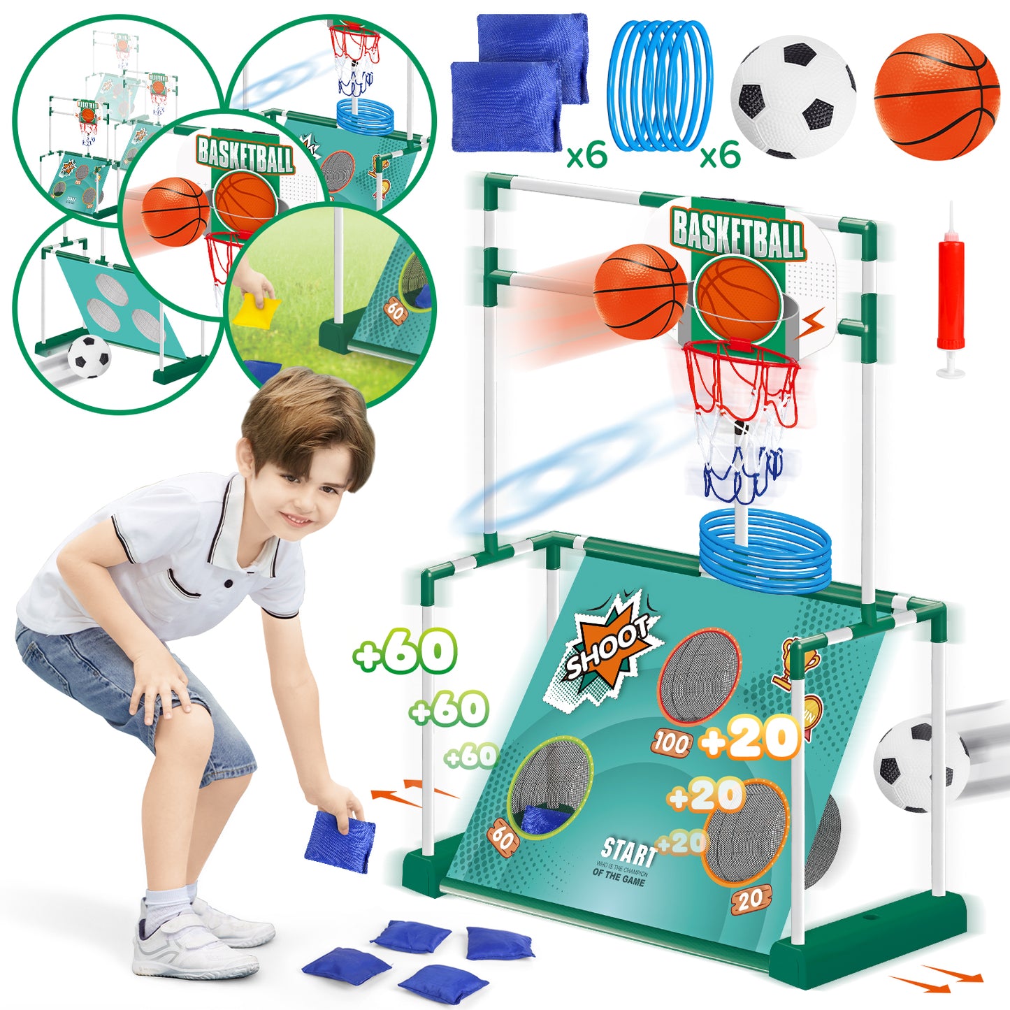 5-in-1 Soccer Set for Boys Ages 3-8, Mobile Football Goal, Basketball, Indoor/Outdoor Games Toys for Kids Boys Girls, Christmas Birthday Gifts