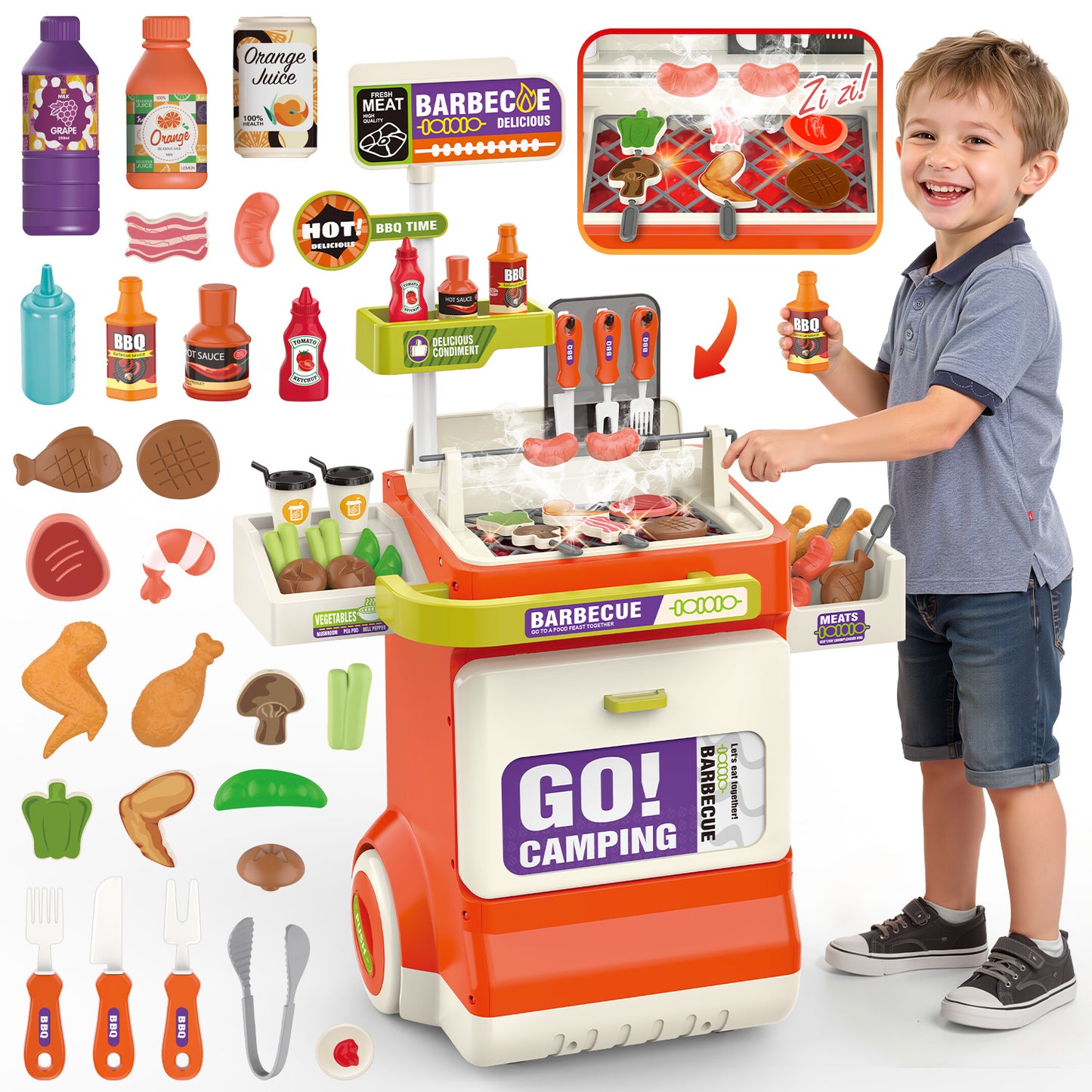 51PCS Kids BBQ Grill Playset, Pretend Play Kitchen Cooking Toy with Smoke, Sound & Light, Movable Toy Grills Outdoor & Indoor Gift Toy for Boys Girls Ages 3-6