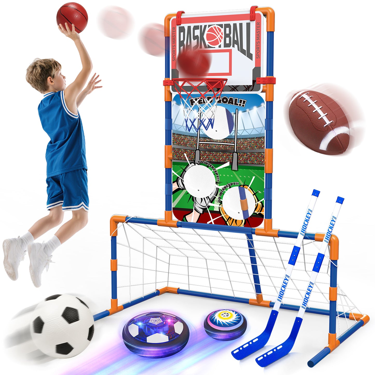 5 in 1 Kids Basketball Hoop, Toddler Basketball Goal, Soccer Goal, Hover Ball, Bean Bag Toss and Hockey, Sport Indoor Outdoor Game Toys for Boys 3-8+