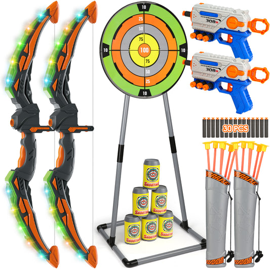 Huge Wave 2 Pack Bow and Arrow Set for Boys, Ultimate Glow Archery & Shooting Set, with Standing Target & Quivers, Christmas Toys Gift for Kids Aged 6-12