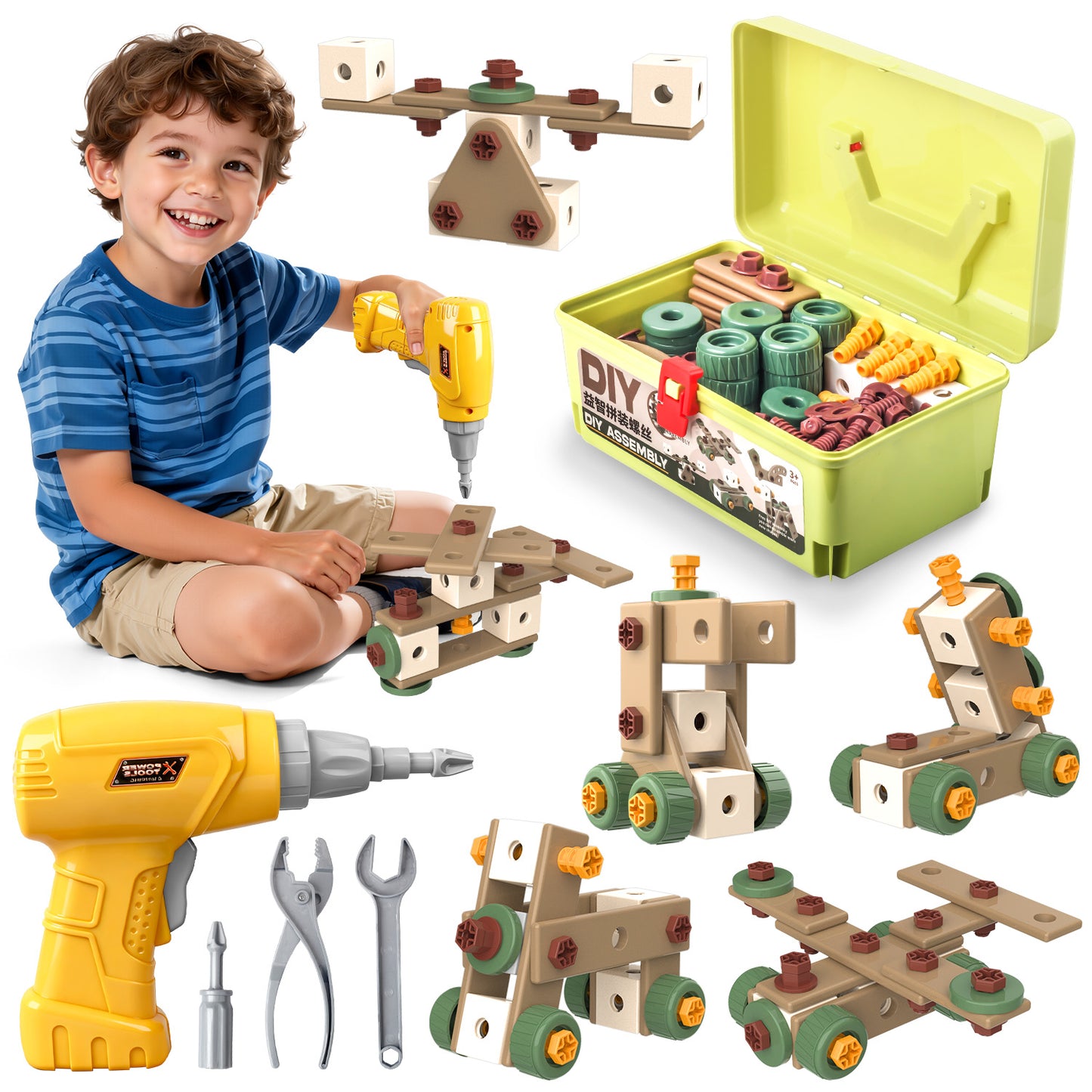 135PCS Kids Tool Set with Drill, Toddler Construction Tool Set with Toolbox, STEM Montessori Toys, Birthday Gift for Boys Girls Ages 2-6
