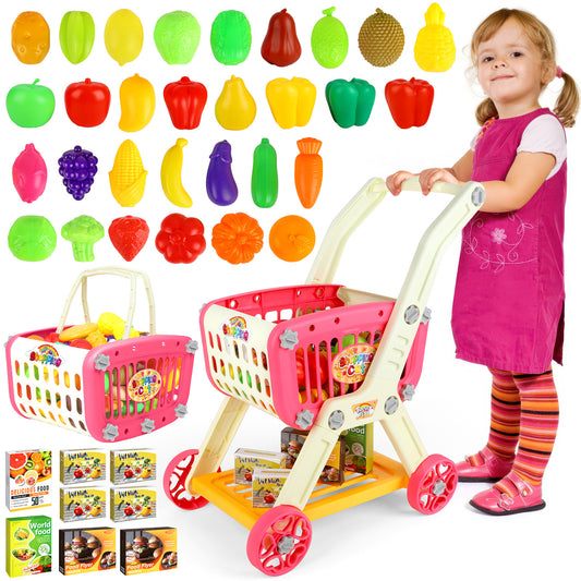 Huge Wave 40pcs Kids Shopping Cart, 2 in 1 Pretend Play Grocery Store Game, with Play Fruit Vegetable and Shop Accessories, Christmas Gift for Kids Aged 3-8 (Red)
