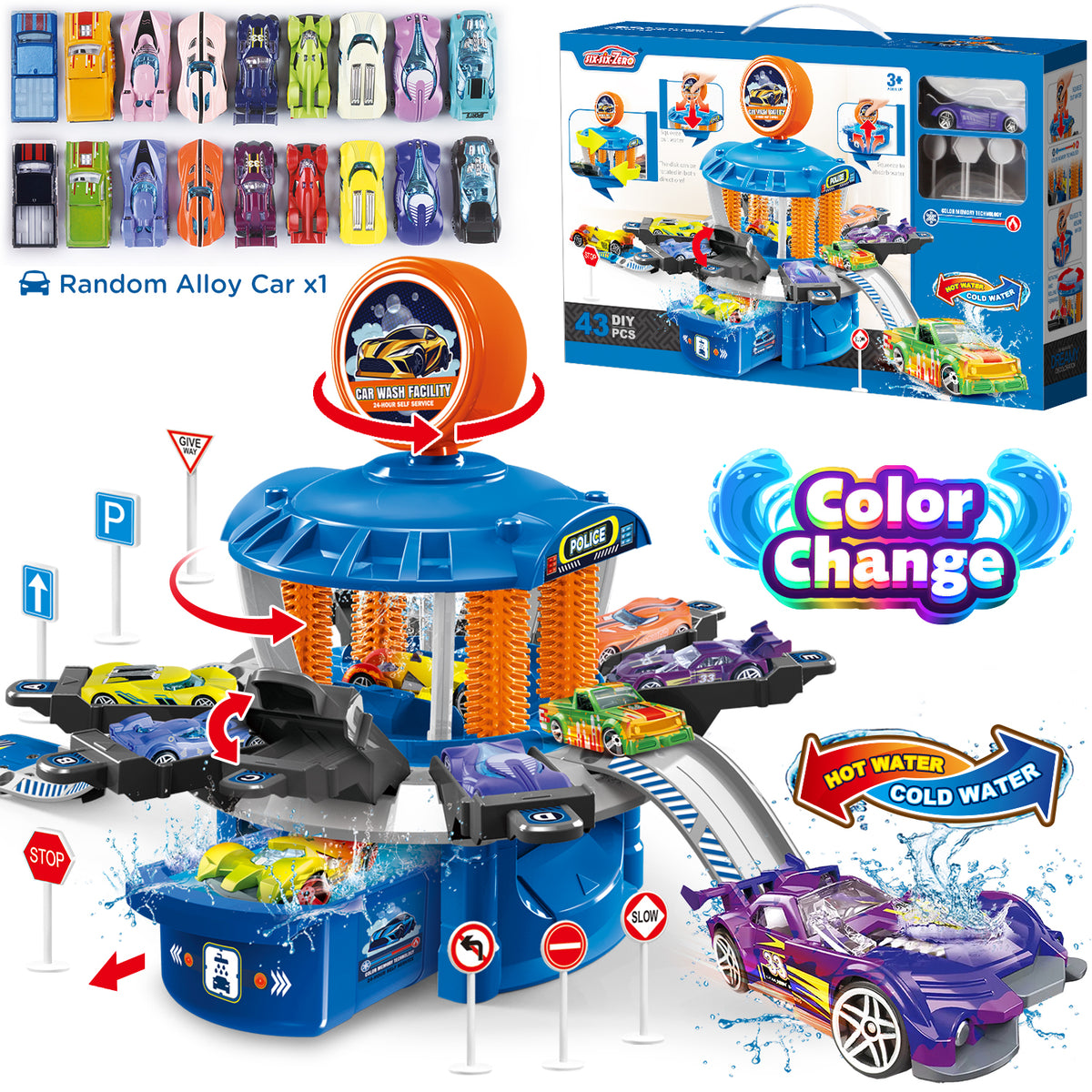 Car Wash Toys Set for Boys, Toddler Color Change Race Cars, Wash Transport Track Toy with Parking, Kids Birthday Gift for Aged 3-8