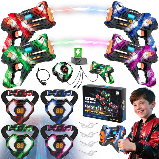 Huge Wave Shooting Tag Set of 4 with Vests & Back Receiver, Rechargeable Infrared Blasters, Indoor & Outdoor Family Games Teens Group Activity, Birthday Gift for Kids Ages 6-12