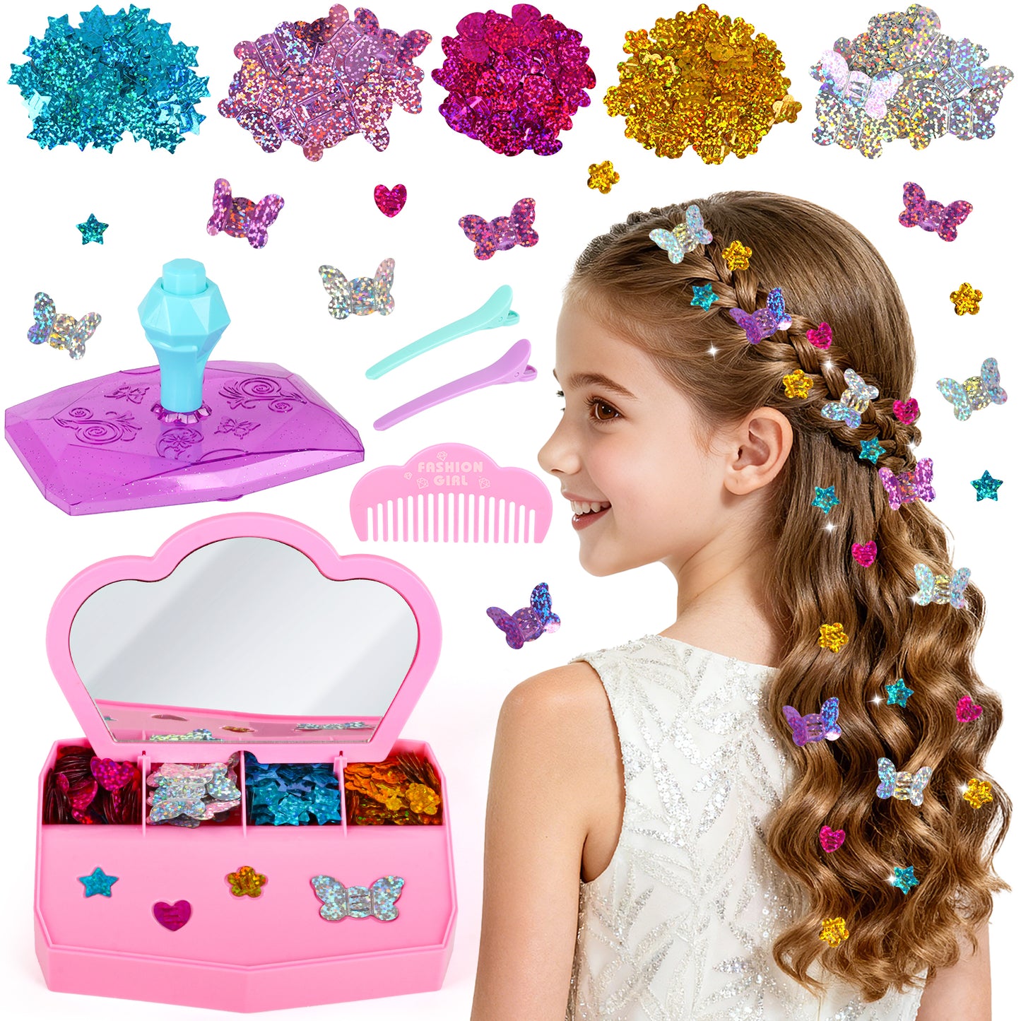 Hair Stamper Kit, Art Hair Jewels for Girls Toys, Hair Accessories Set, Birthday Gifts Toys for Girls Ages 6-12