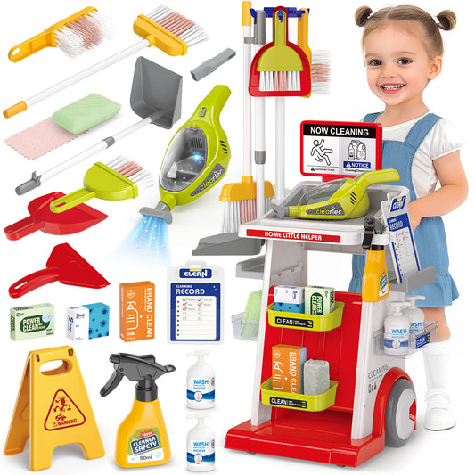Huge Wave Kids Cleaning Set Toys, 22PCS Pretend Play Housekeeping Supplies Kit, with Electric Vacuum Cleaner, Housekeeping Cart Christmas Toys Gift for Boys & Girls 6-12 Years