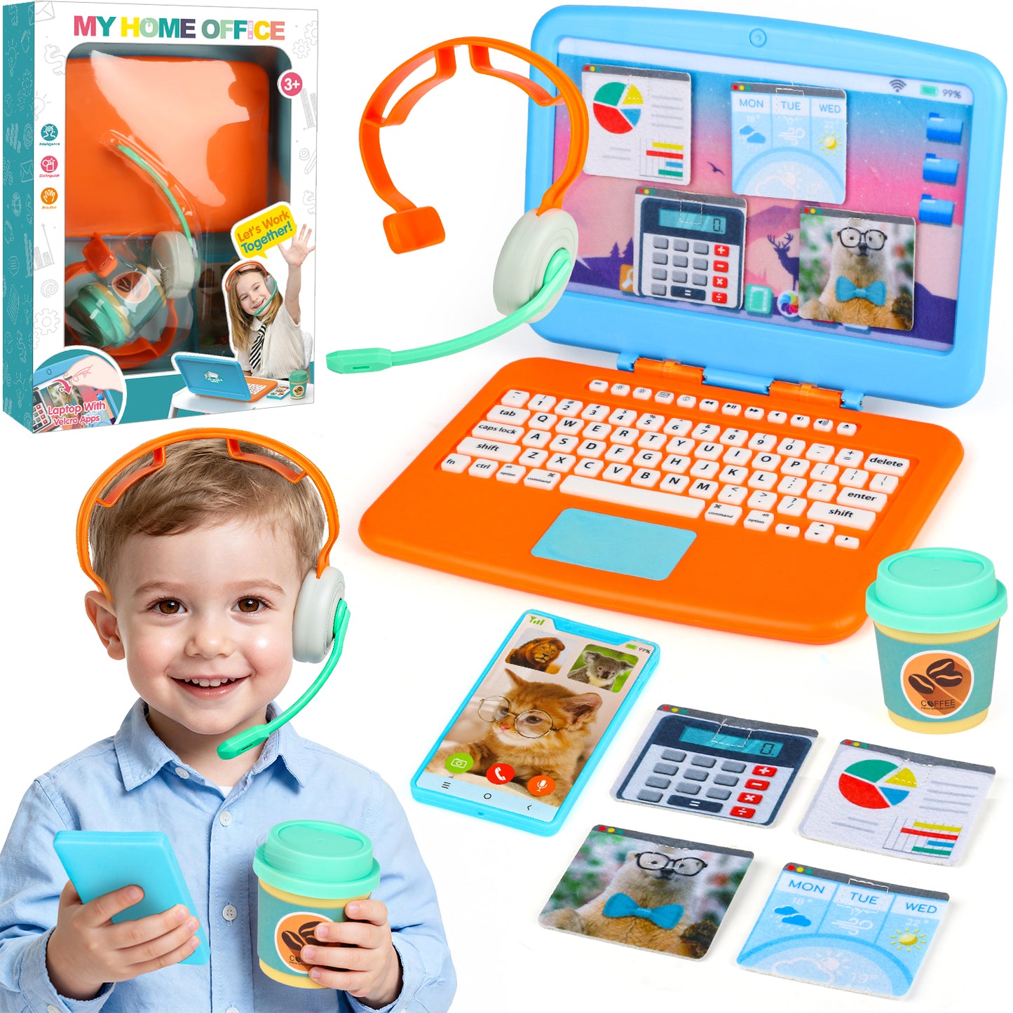 Pretend Play Home Office Toys, Simulation Work Toys Set with Fake Laptop, 4 Velcro App Stickers,Toy Cell Phones,Headset & Coffee Cup, Birthday Gift for 3-7 Year
