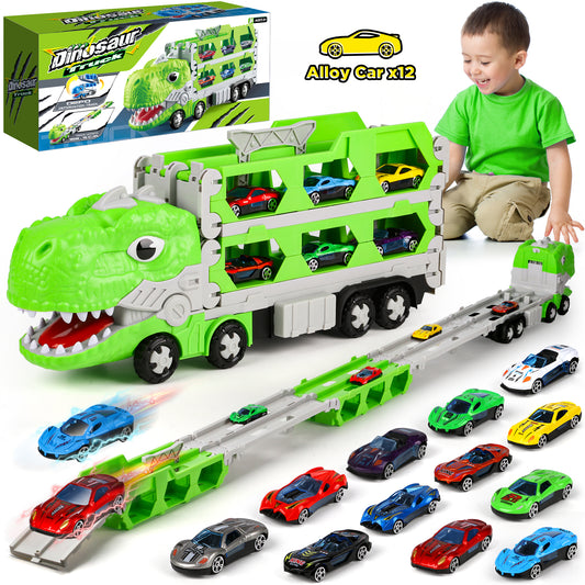 Huge Wave Toy Trucks Cars for Boys, Dinosaur Transport Race Set, with 66-Inch Ejection Track, 12 Die-Cast Metal Cars, Christmas Gifts for Kids for 3-8 Years Old