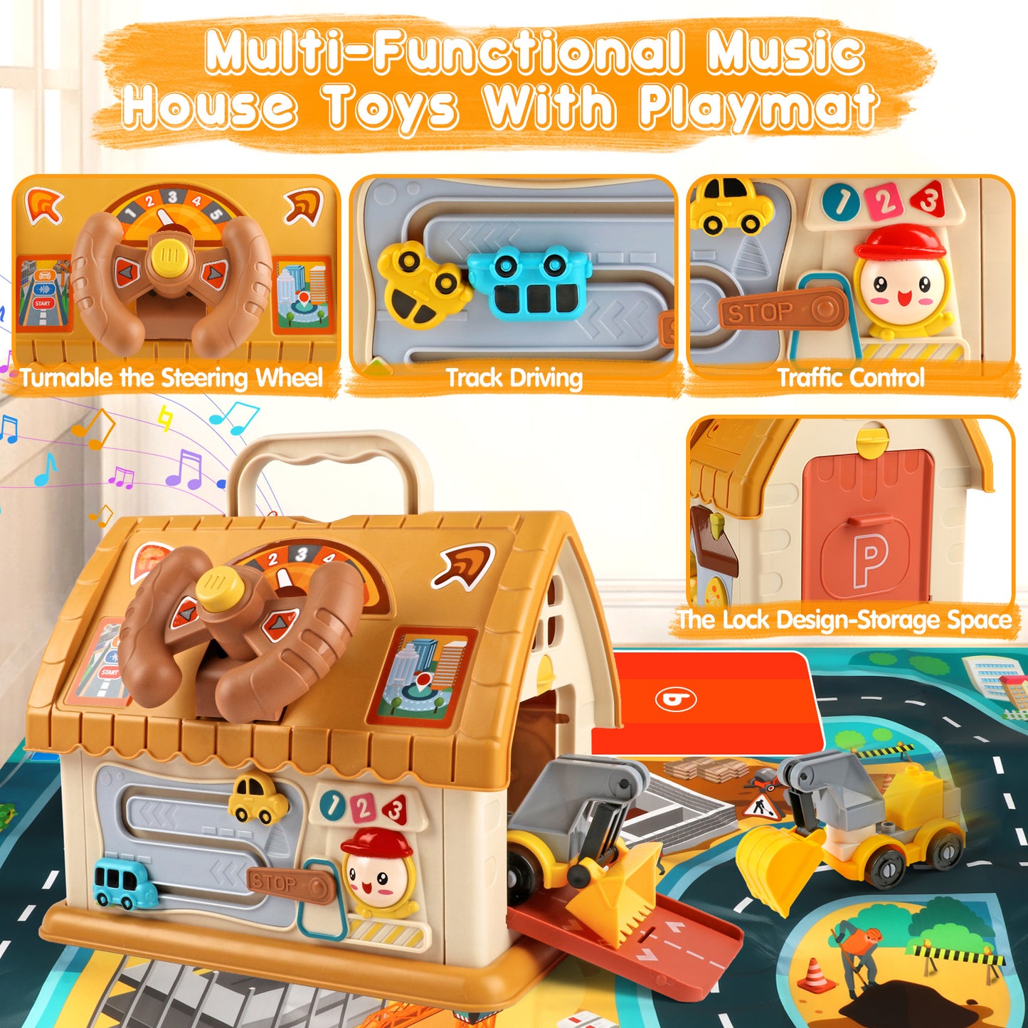 Huge Wave Toddler Montessori Toys for 1+ Year Old, 8-in-1 Multi-Functional Learning House, with 4 Building Cars and Map, Sound & Light Early Educational Baby Christmas Gifts