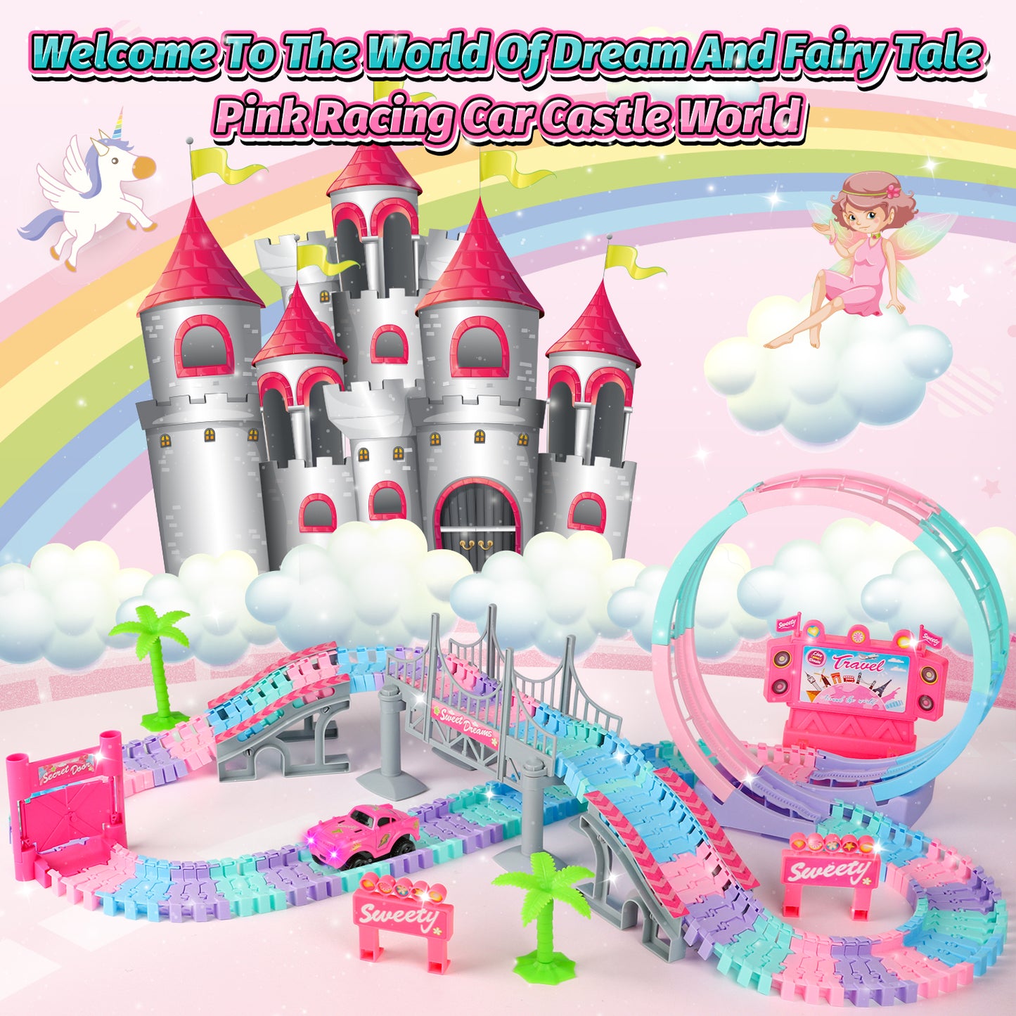 Huge Wave Slot Car Race Track Sets for Girls Boys 4-12, Flexible Race Car Playsets, 360° Loop Raceway Race Track, Best Christmas Birthday Car Toys for Kids, Pink