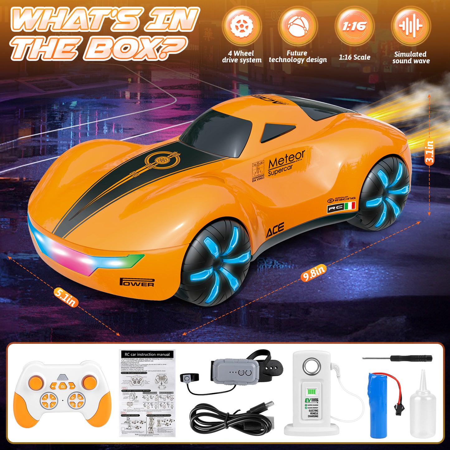 RC Cars for Aged 4-12 Boys , Rechargeable Remote Control Stunt Car, 360° Rotate, Cool Light & Dual Spray, Christmas Birthday Toy Gifts for Kids, Orange
