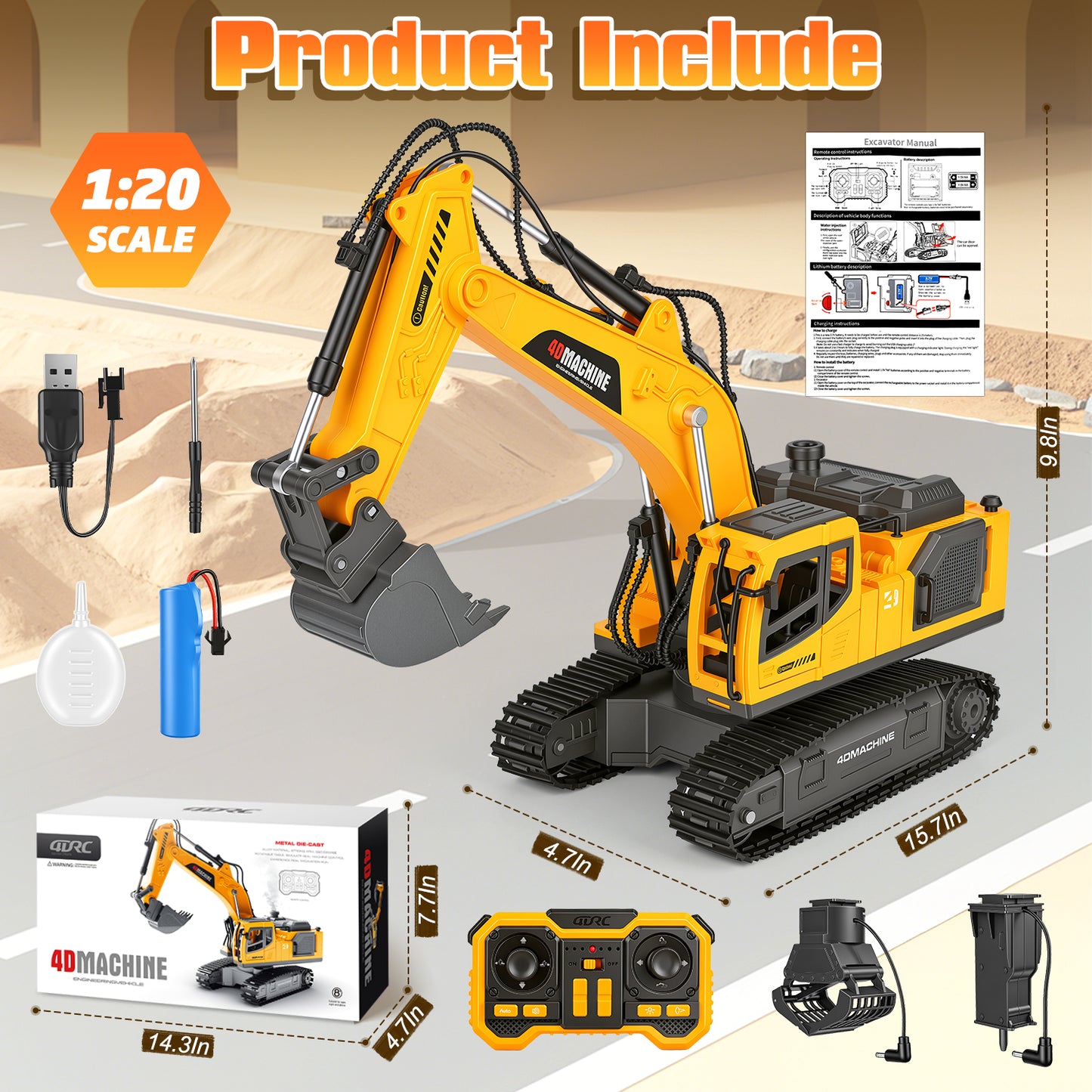 3-in-1 Remote Control Excavator Toys for Boys, 12 Channel 1:20 RC Construction Vehicles, Birthday Gifts Boy Toys for 3-8 Years Old