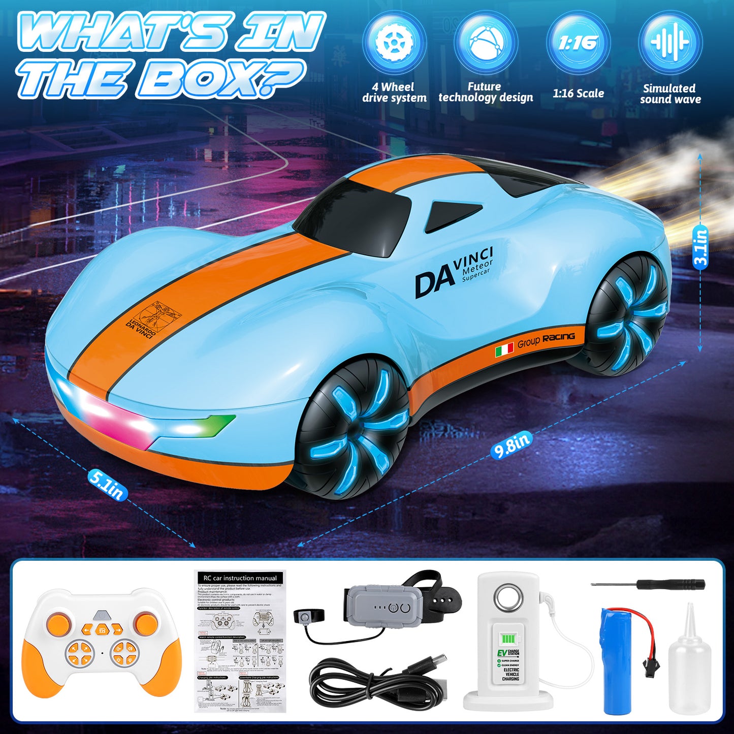 High Speed RC Car for Boys 4-12, 2.4GHz Drift Remote Control Car with Charging Station, Change Light, Dual Spray, 360° Rotate, Birthday Gifts for Kids, Blue