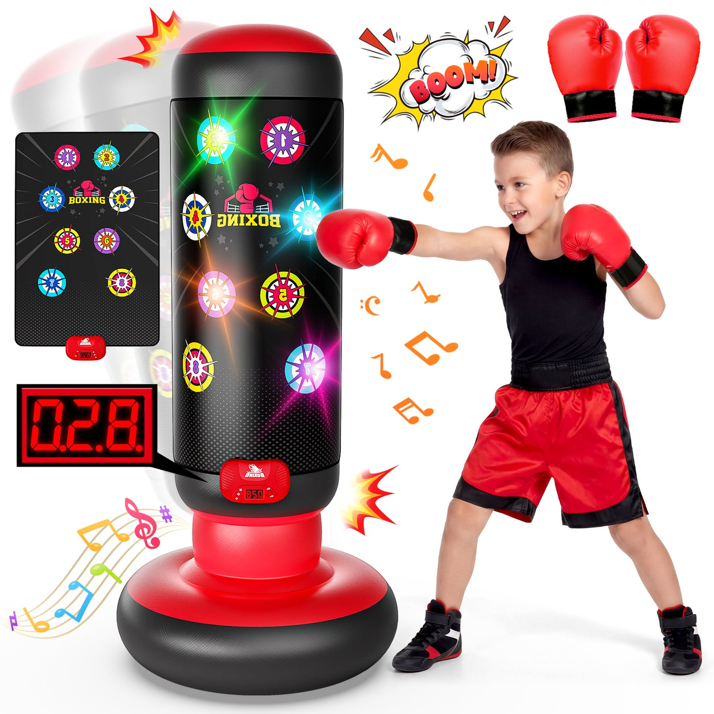Punching Bag for Kids, 60 Inch Inflatable Boxing Bag with Gloves, 4 Game Modes, Scoring, Light, Music, Sports Toy Birthday Gifts for Boys Ages 4-12