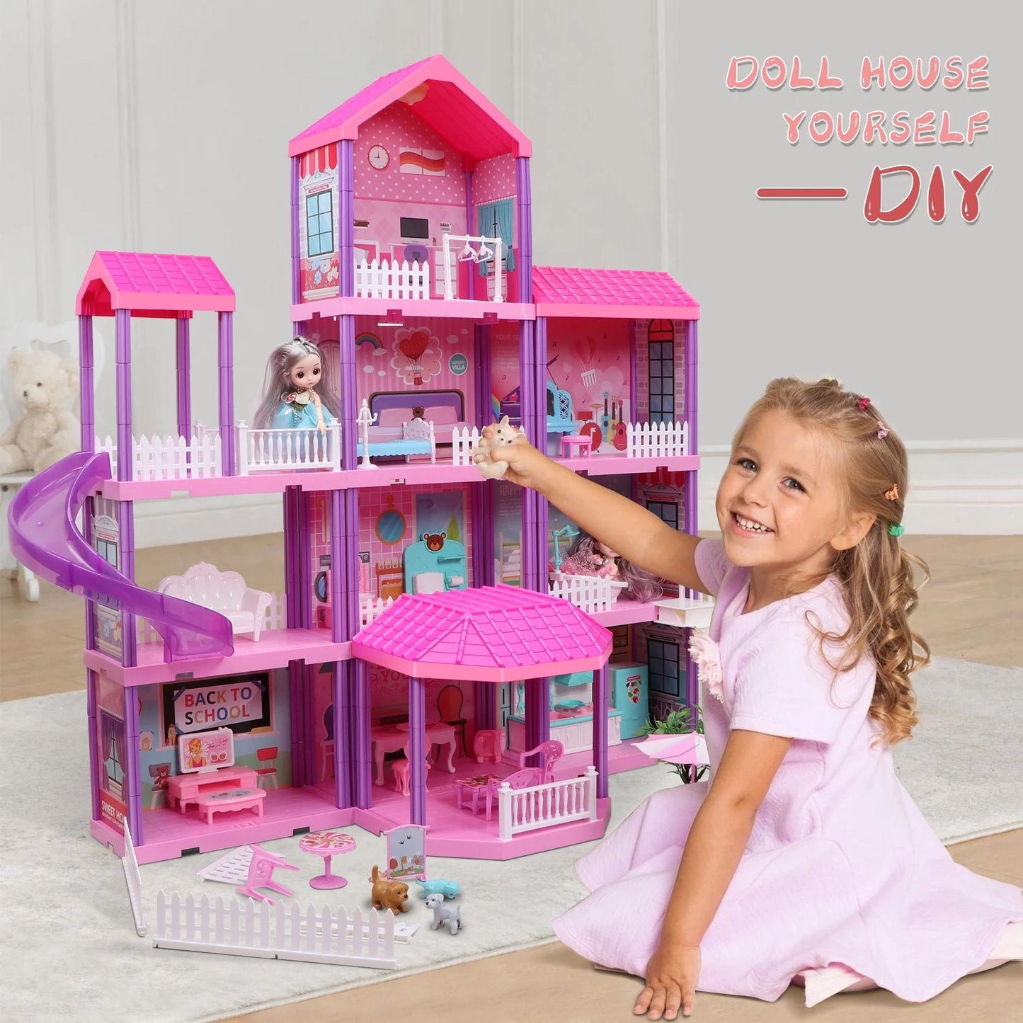 Dollhouse Playset Girl Toys, 36 inch 11 Large Rooms with Doll Toy Figures, with Warm Light, Princess Doll House Birthday Gift for Girls Ages 3-8