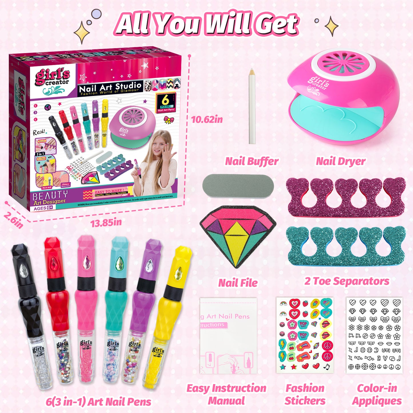 Kids Nail Polish Kit for Girls, Upgrade 3-in-1 Nail Pen with Dryer, Manicure Sets Ideas Birthday Gift for Teenage Girls Ages 6-12 Years Old