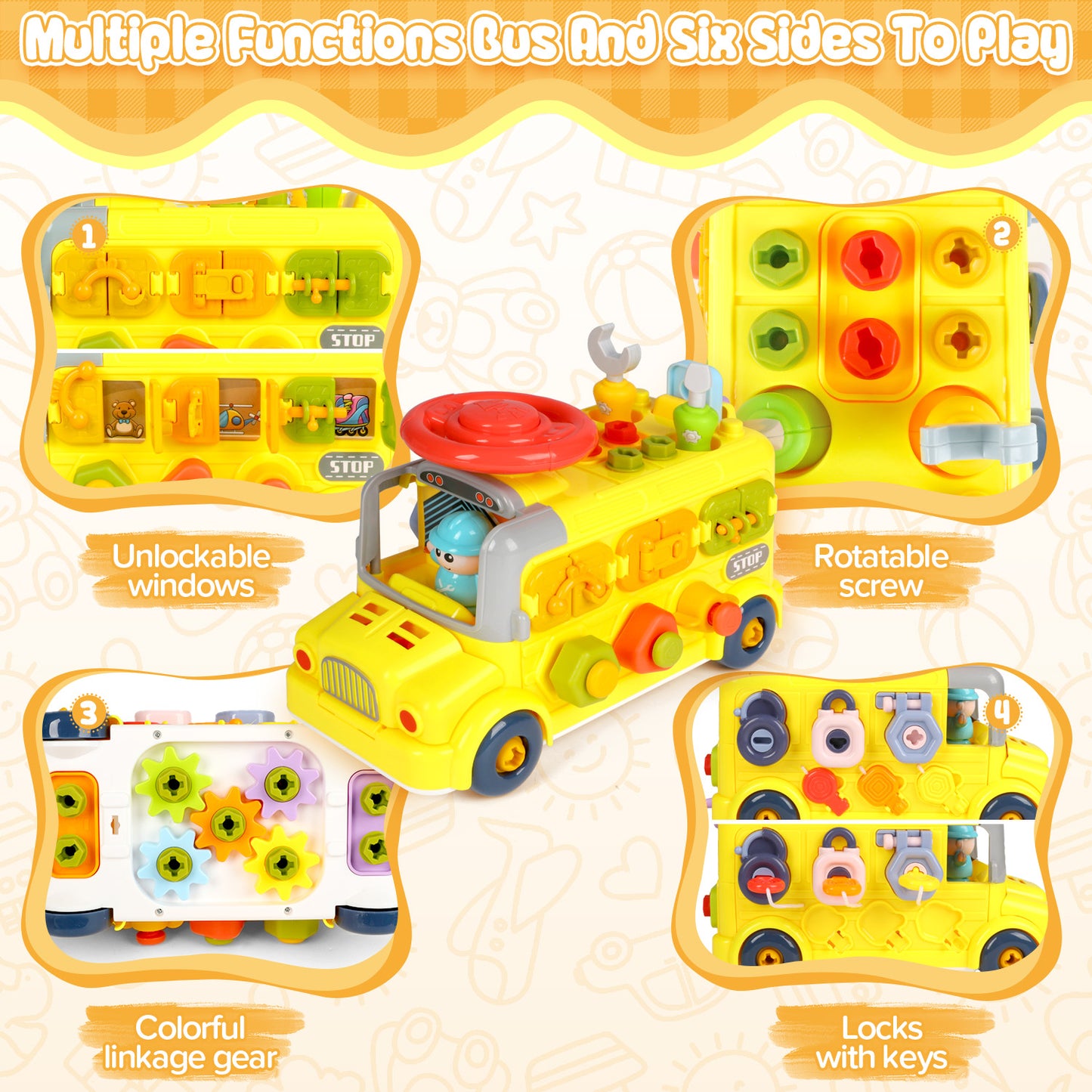 Huge Wave Baby Montessori Learning Toys, Sensory Activity Bus Toddler Toys, Educational Interactive Learn Car, Birthday Gift for 1 2 3 Years Old Boys Girls