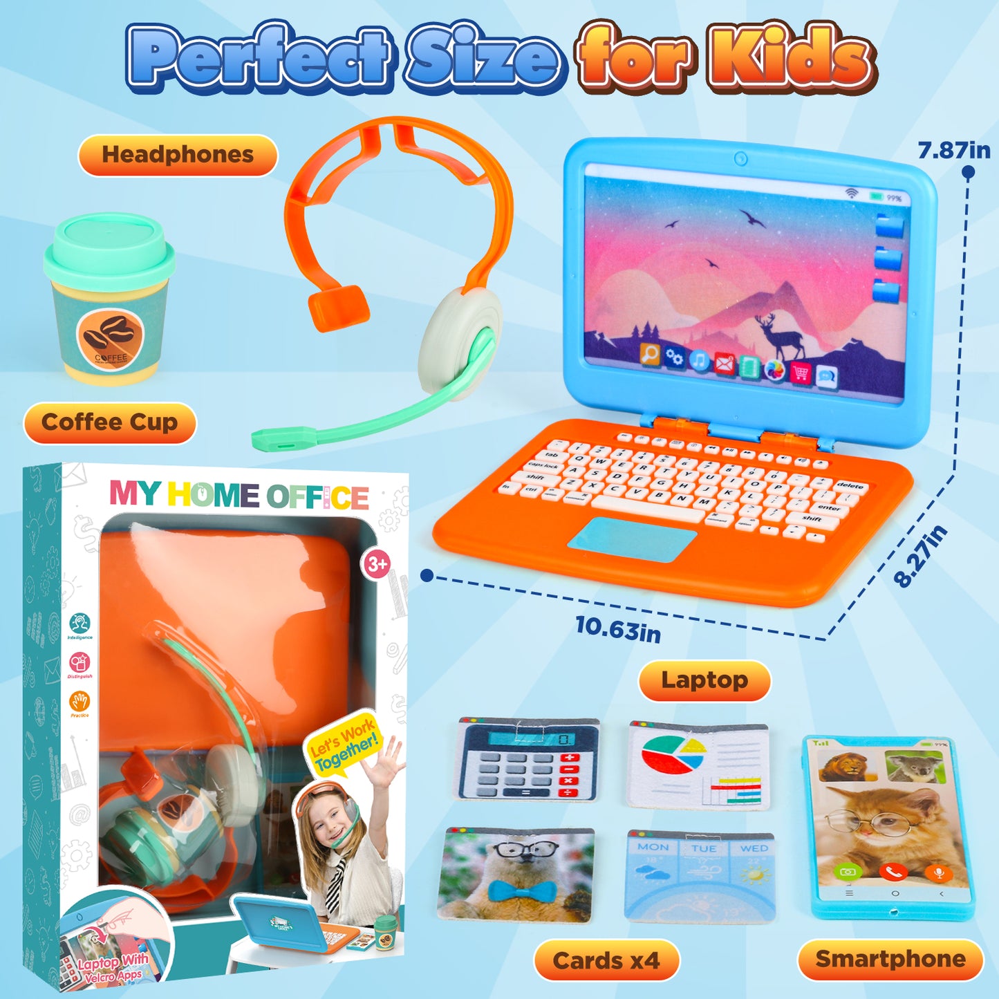 Pretend Play Home Office Toys, Simulation Work Toys Set with Fake Laptop, 4 Velcro App Stickers,Toy Cell Phones,Headset & Coffee Cup, Birthday Gift for 3-7 Year