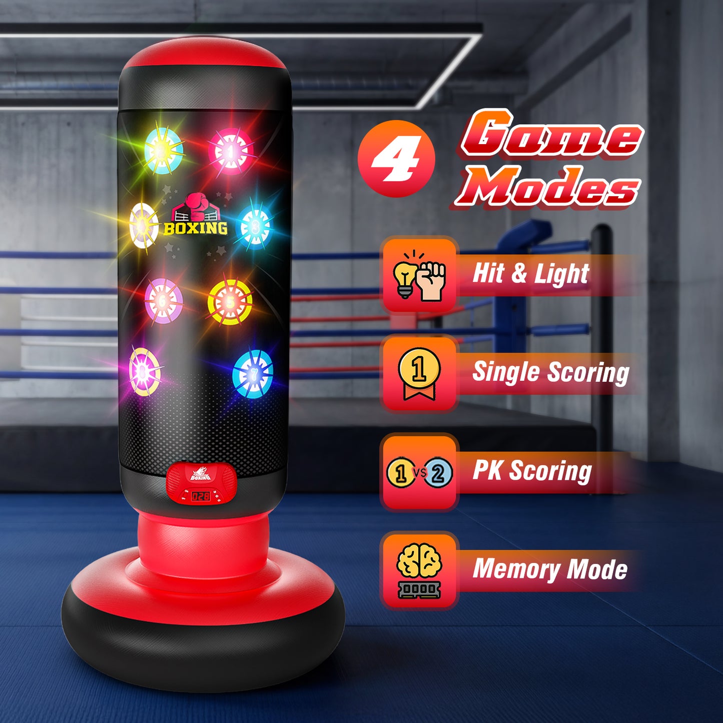 Punching Bag for Kids, 60 Inch Inflatable Boxing Bag with Gloves, 4 Game Modes, Scoring, Light, Music, Sports Toy Birthday Gifts for Boys Ages 4-12