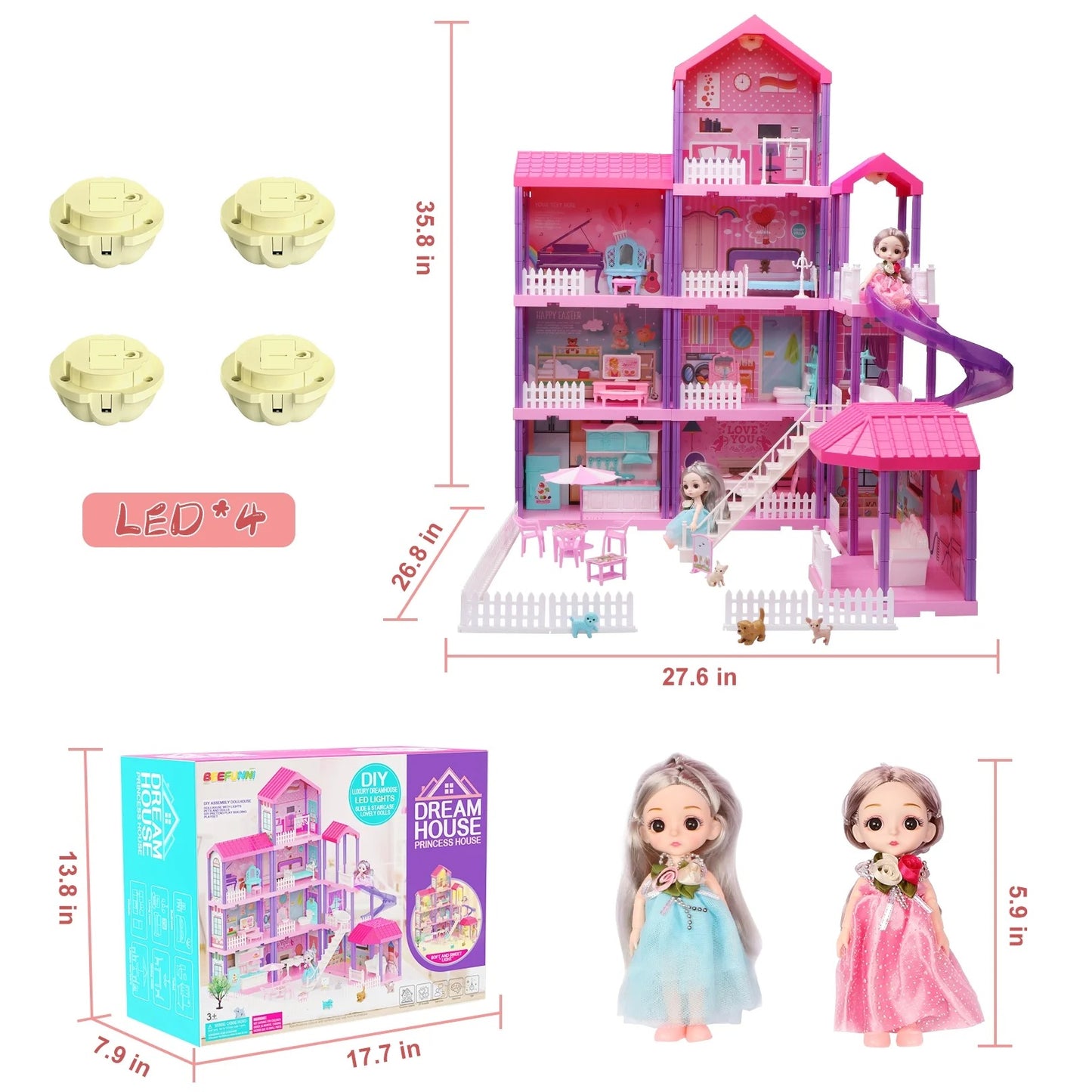 Dollhouse Playset Girl Toys, 36 inch 11 Large Rooms with Doll Toy Figures, with Warm Light, Princess Doll House Birthday Gift for Girls Ages 3-8