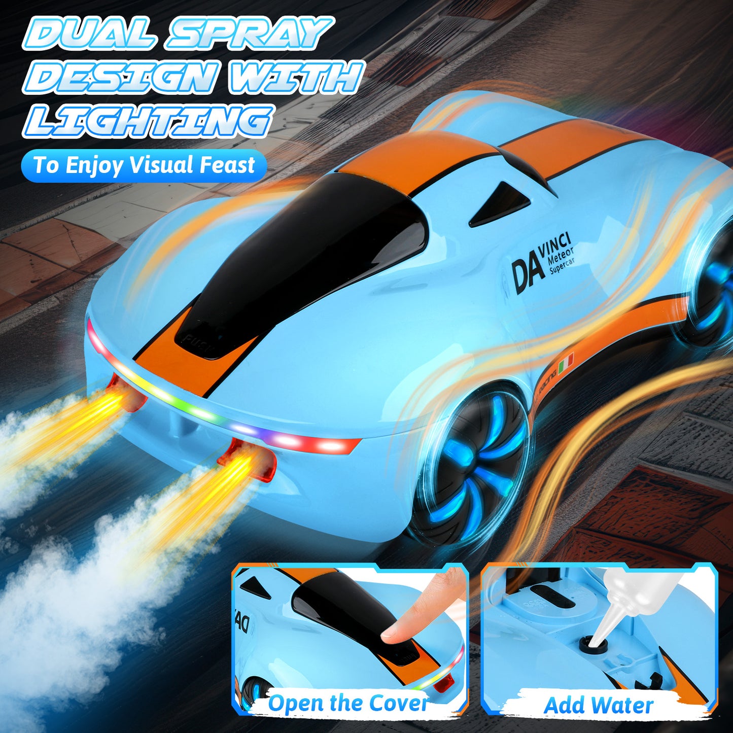 High Speed RC Car for Boys 4-12, 2.4GHz Drift Remote Control Car with Charging Station, Change Light, Dual Spray, 360° Rotate, Birthday Gifts for Kids, Blue