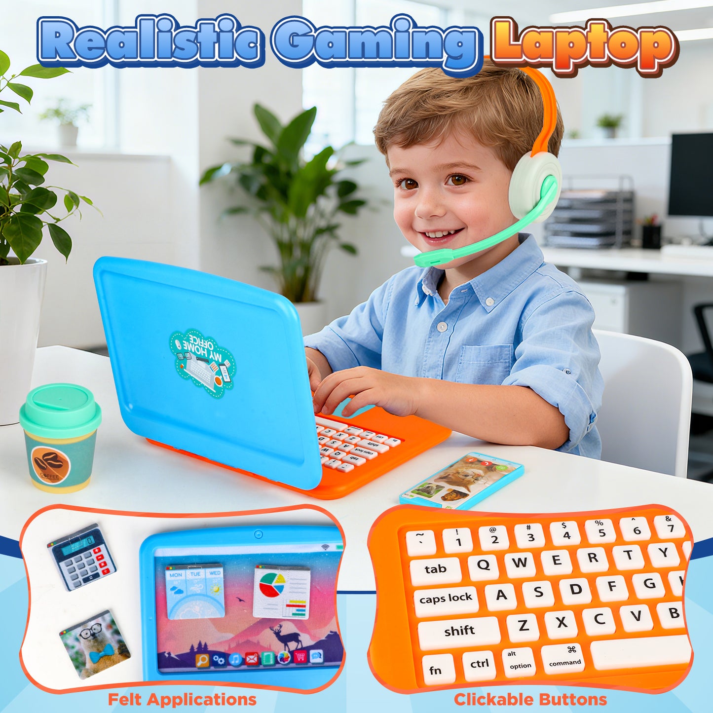 Pretend Play Home Office Toys, Simulation Work Toys Set with Fake Laptop, 4 Velcro App Stickers,Toy Cell Phones,Headset & Coffee Cup, Birthday Gift for 3-7 Year