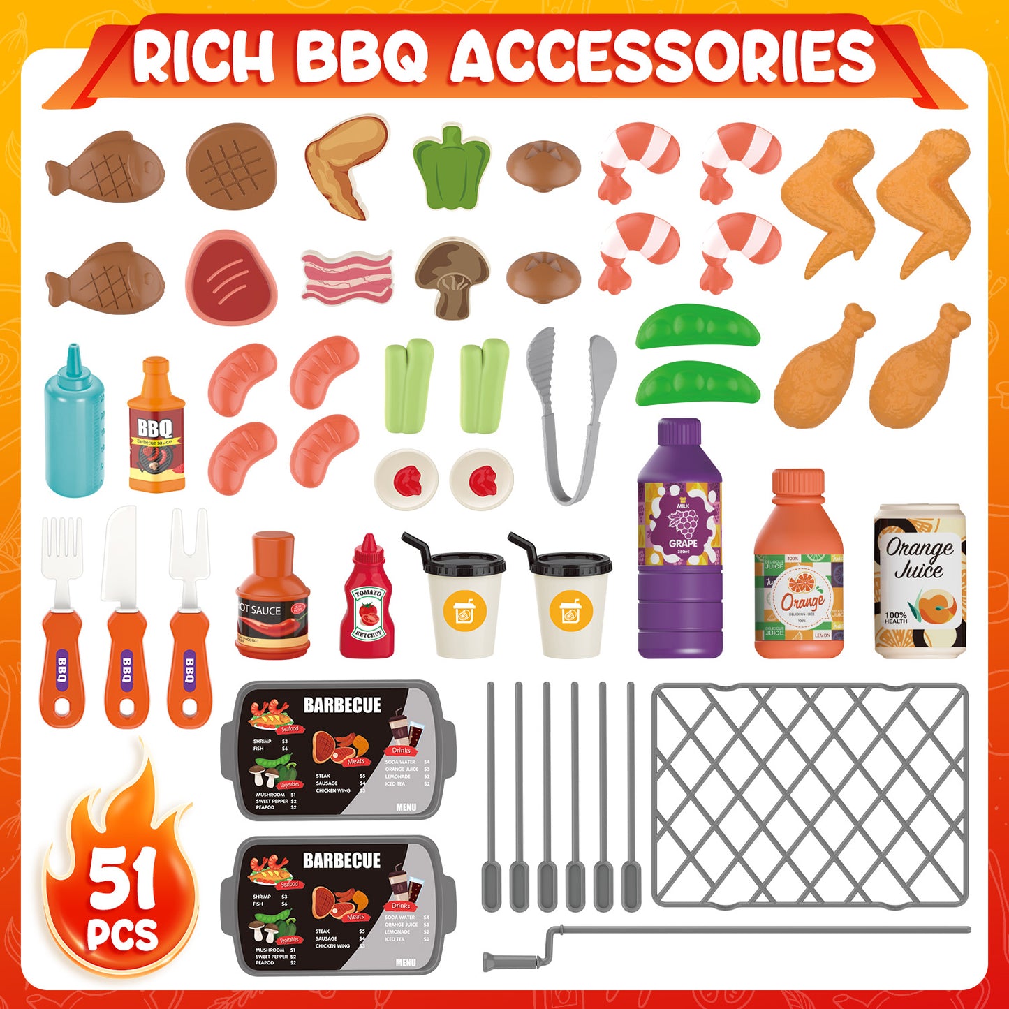 51PCS Kids BBQ Grill Playset, Pretend Play Kitchen Cooking Toy with Smoke, Sound & Light, Movable Toy Grills Outdoor & Indoor Gift Toy for Boys Girls Ages 3-6