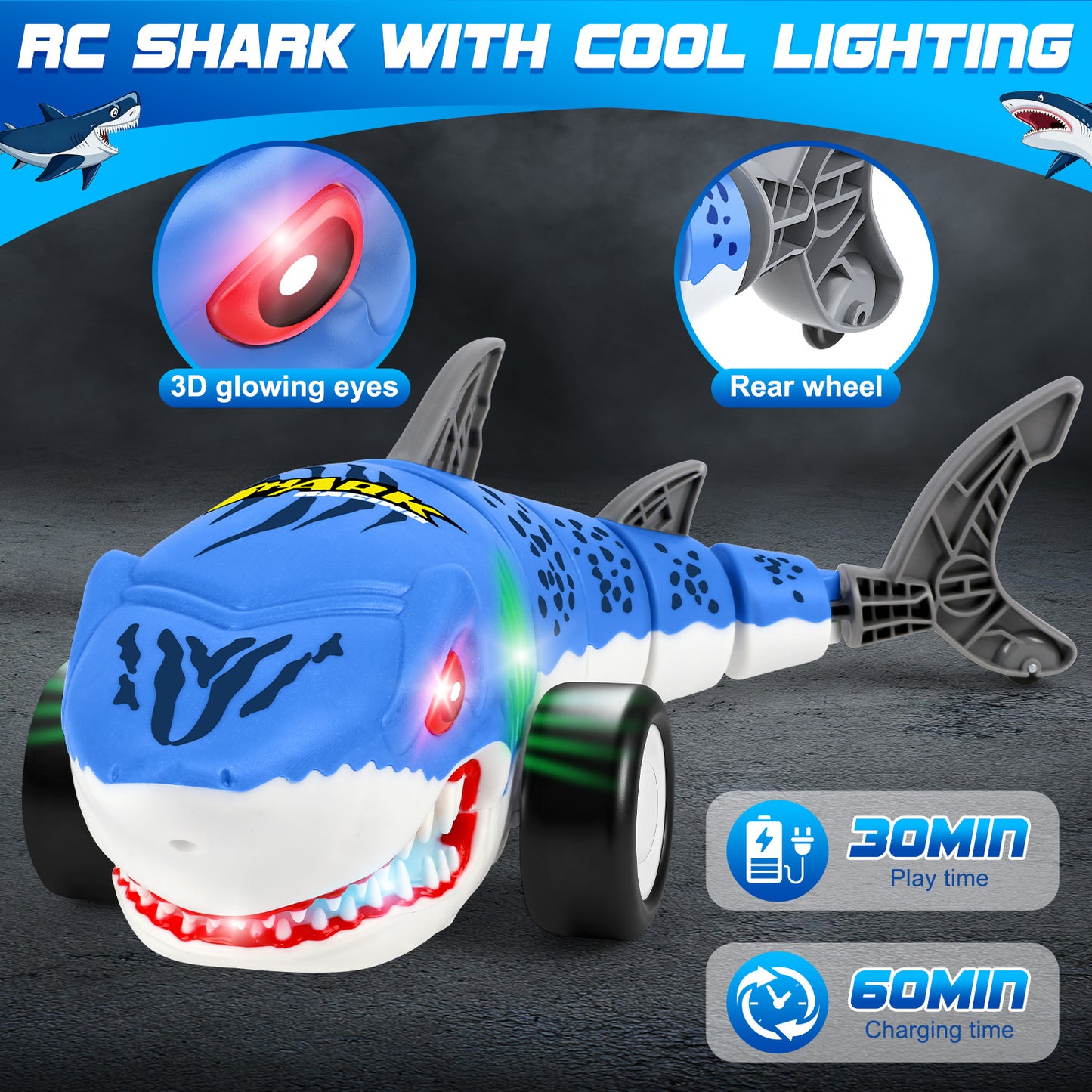 Remote Control Shark Car Toys for Kids, 2.4Ghz RC Shark Cars with Cool Light, 360° Stunt Swinging Tail, Birthday Gifts for Girls Boys Age 3-8