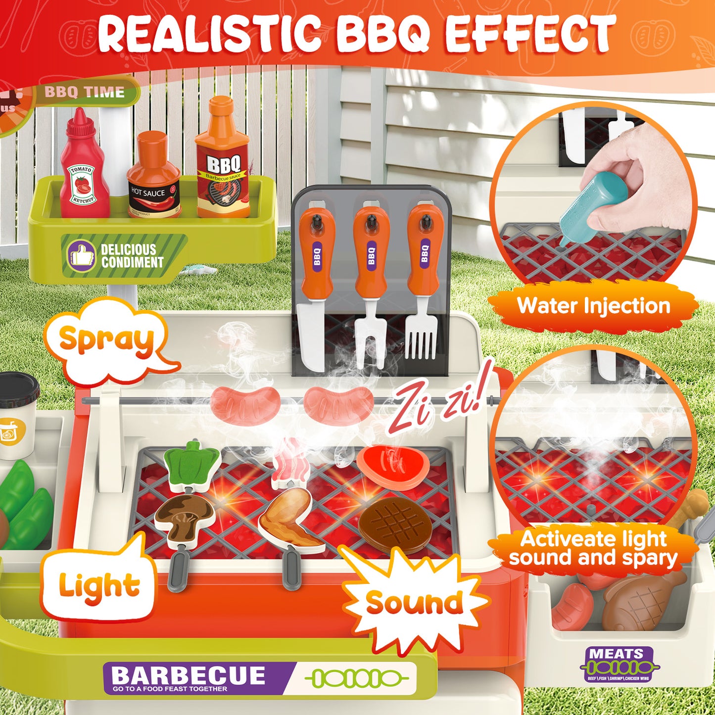 51PCS Kids BBQ Grill Playset, Pretend Play Kitchen Cooking Toy with Smoke, Sound & Light, Movable Toy Grills Outdoor & Indoor Gift Toy for Boys Girls Ages 3-6
