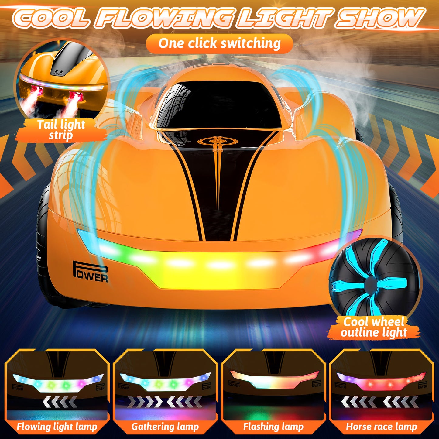 RC Cars for Aged 4-12 Boys , Rechargeable Remote Control Stunt Car, 360° Rotate, Cool Light & Dual Spray, Christmas Birthday Toy Gifts for Kids, Orange