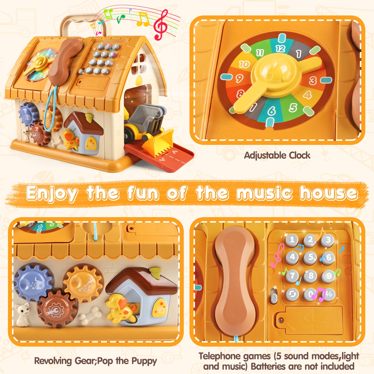 Huge Wave Toddler Montessori Toys for 1+ Year Old, 8-in-1 Multi-Functional Learning House, with 4 Building Cars and Map, Sound & Light Early Educational Baby Christmas Gifts