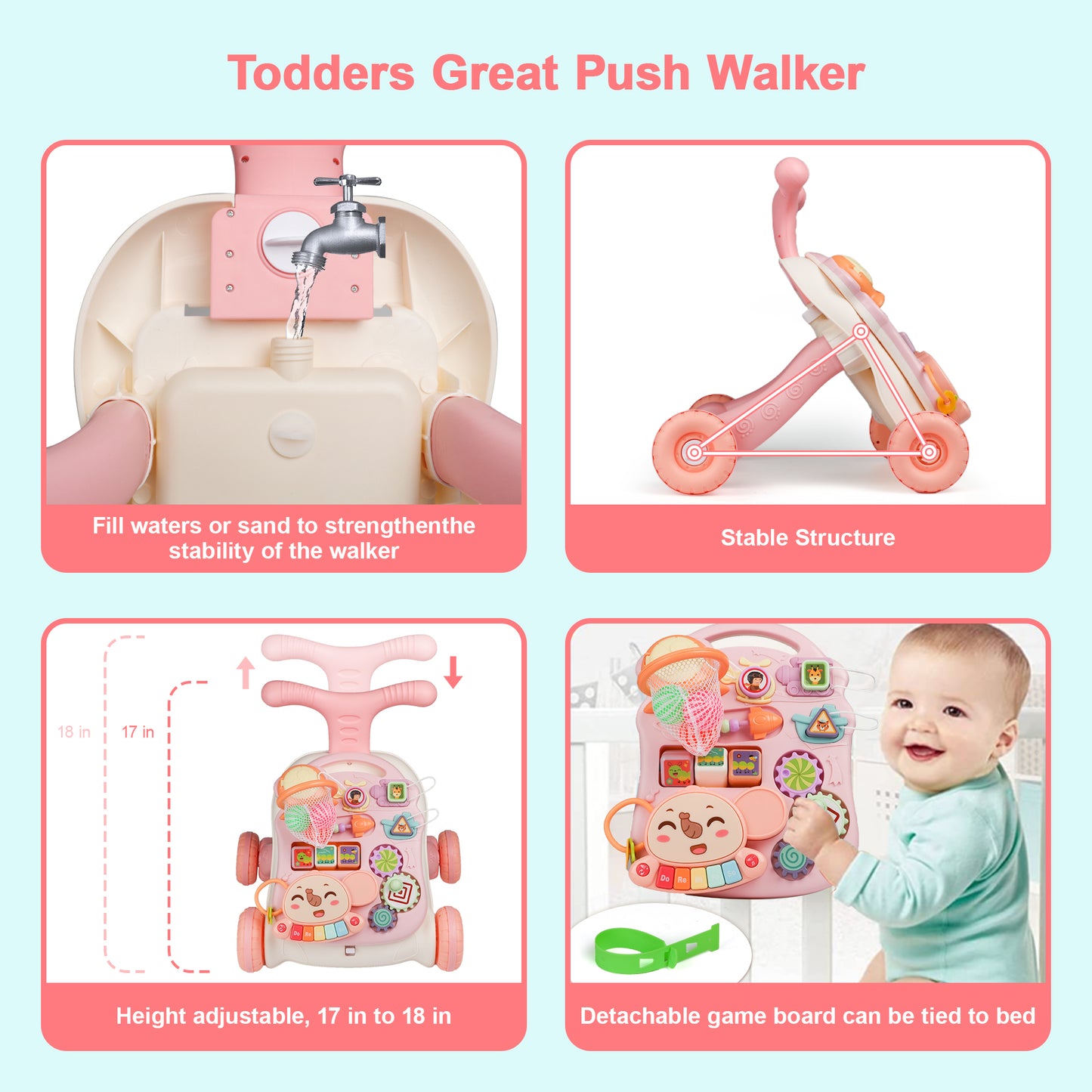 Multifunctional Sit-to-Stand Baby Walker for Baby, Early Educational Learning Toy and Activity Center for Boys and Girls-Pink, Birthday Christmas Gift for Toddlers