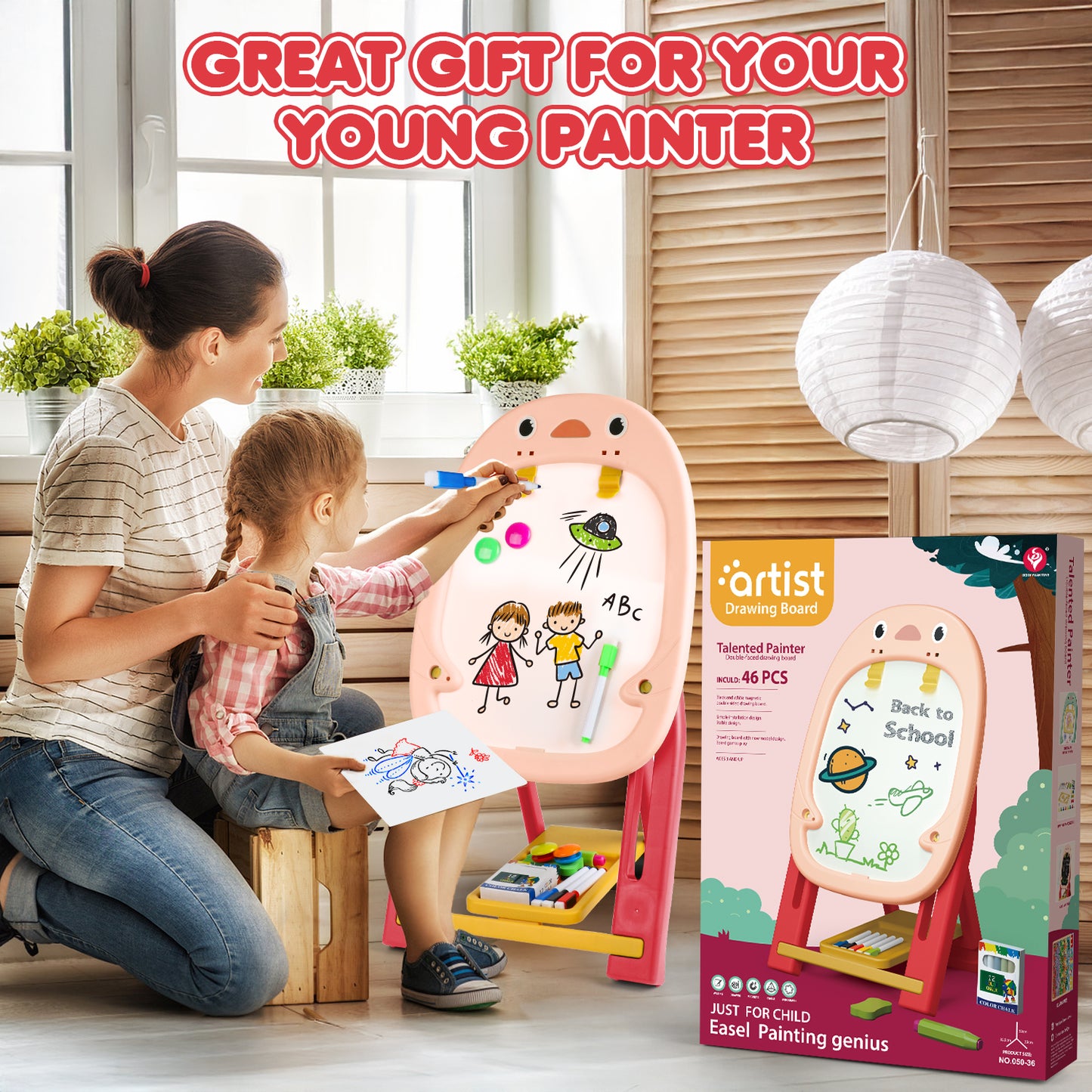 Huge Wave Easel for Kids, Double Sided Chalkboard and Whiteboard, with Drawing & Board Games Cards Accessories, Christmas Birthday Gift for Kids Age 2-6 (Pink)