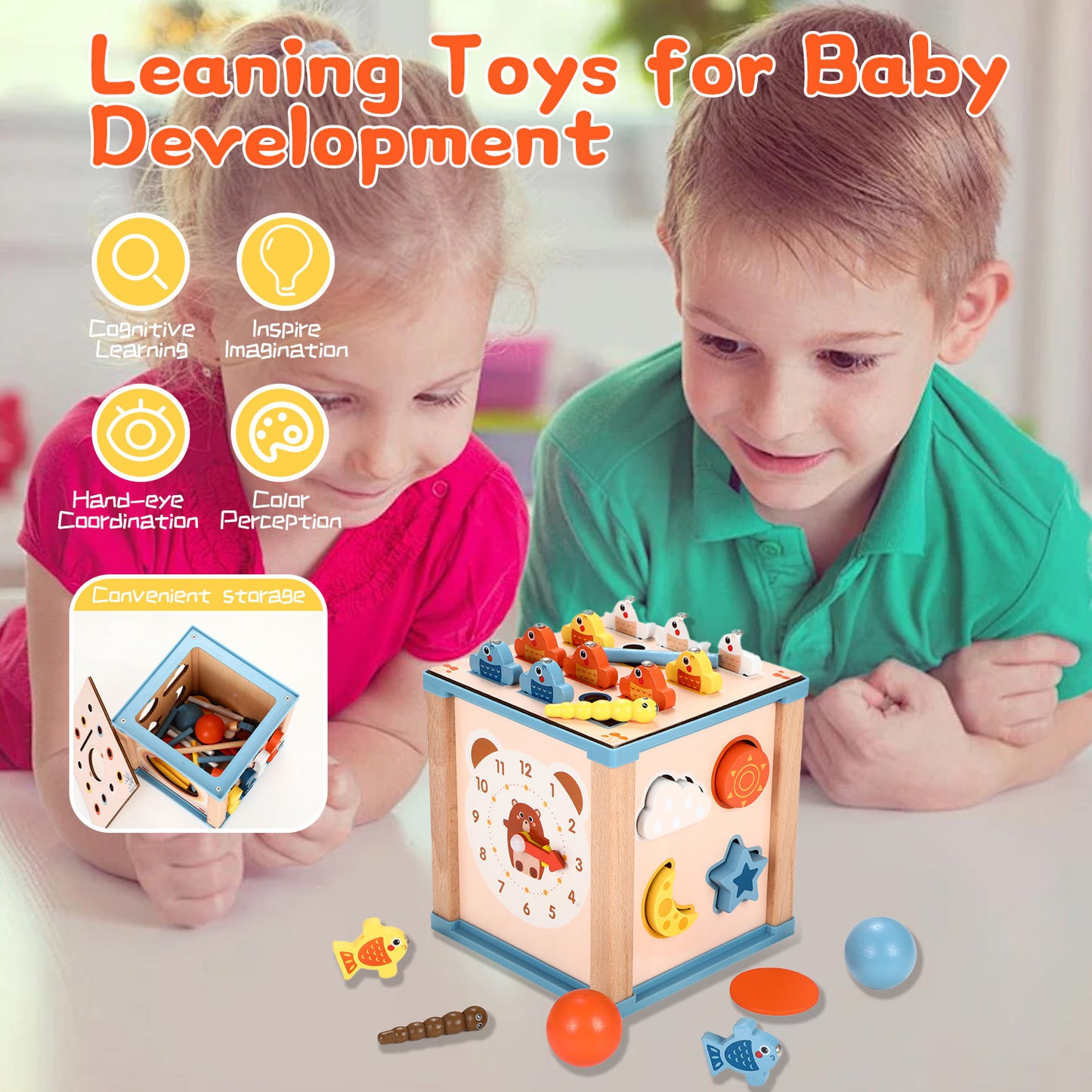 Huge Wave 9-in-1 Baby Activity Cube, Baby Montessori Learning Toys, with 6 Multicolor Sides Wooden, Educational Interactive Game, Birthday Gift for Kids Boys Girls 1 2 3 4 Years